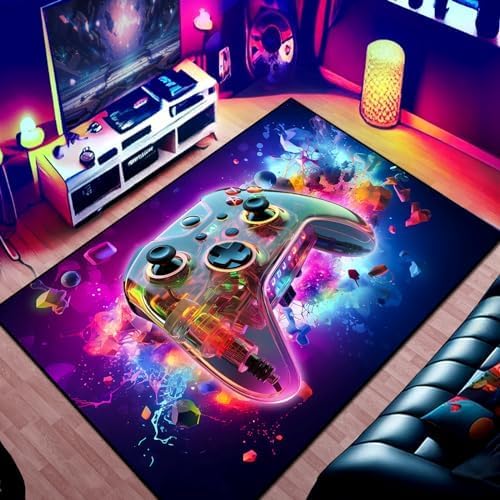 Gaming Area Rug Teen Boys Carpet, 3D Transparent Gamepad and Colorful Bomb Background Game Controller Design for Game Room, Gaming Room, Boys Girls Bedroom Playroom, Living Room (70" x 55")
