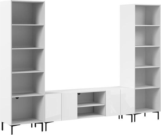 Bestar 118-inch Modular Entertainment Center with TV Stand and Media Storage Towers, Living Room Furniture, Barletta Collection, High Gloss White