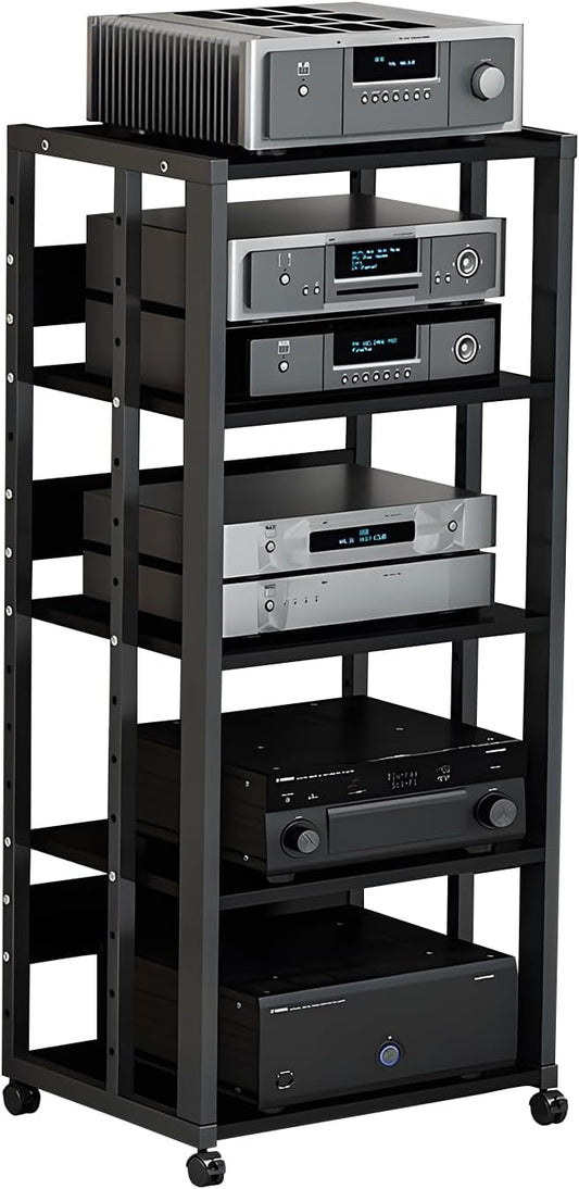 5-Tier AV Media Stand with Wheels, Media Console Cabinet With Adjustable Shelves, Metal Audio Rack, Mobile Game Console Stand, Stereo Audio Cabinet For Record Player, Dvd, TV Box