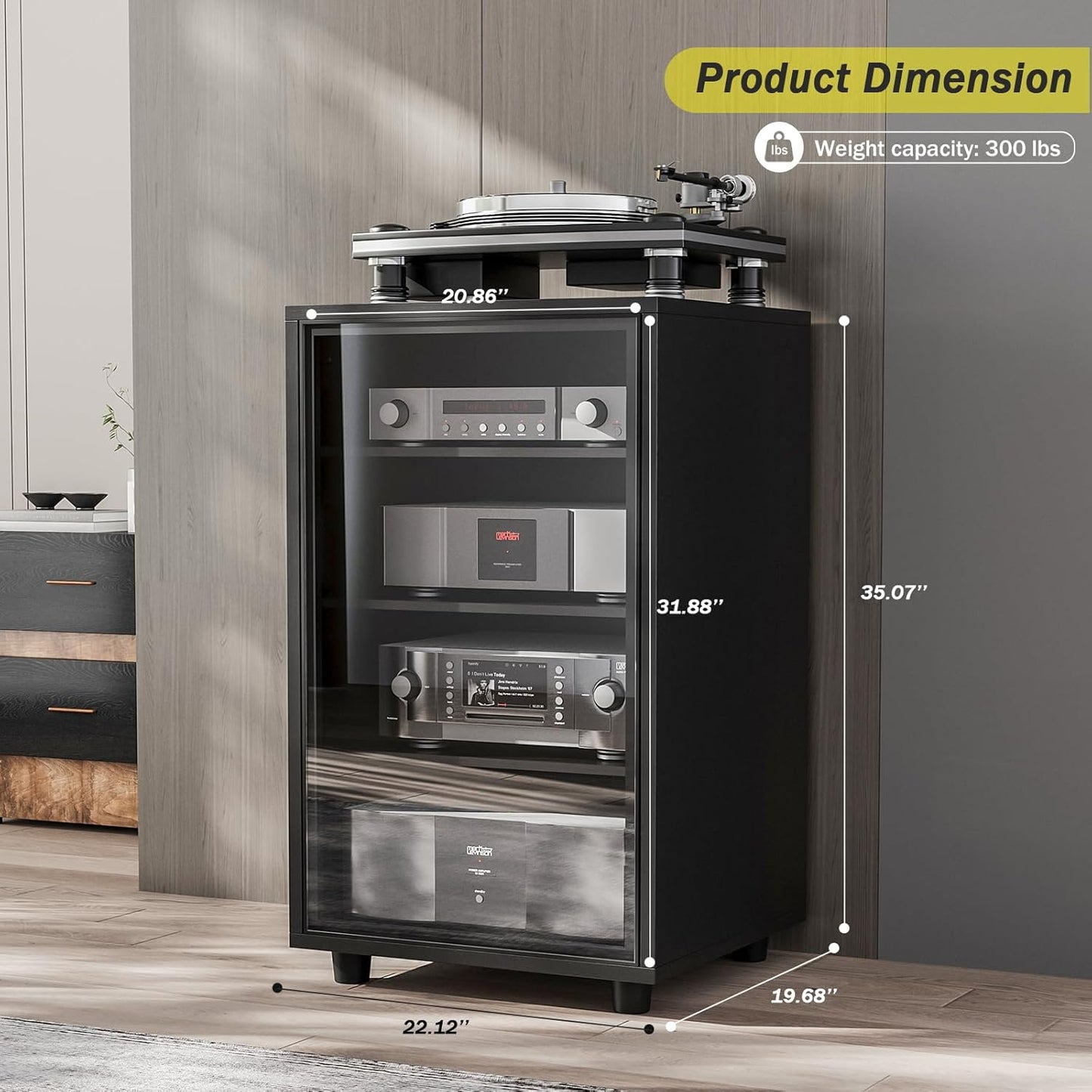 Media Storage Cabinet, Audio Video Media Stand Cabine with 3 Height-Adjustable Shelves, AV Cabinet Audio Rack with Glass Door and Cable Management for Living, Gaming, Recording Room (Black)