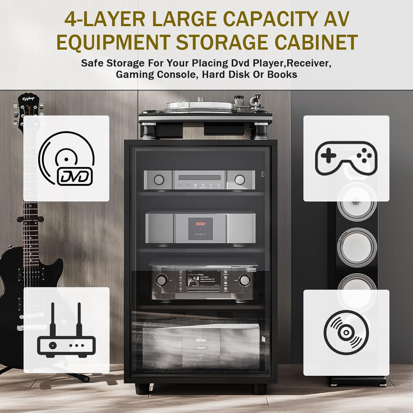 Media Storage Cabinet, Audio Video Media Stand Cabine with 3 Height-Adjustable Shelves, AV Cabinet Audio Rack with Glass Door and Cable Management for Living, Gaming, Recording Room (Black)