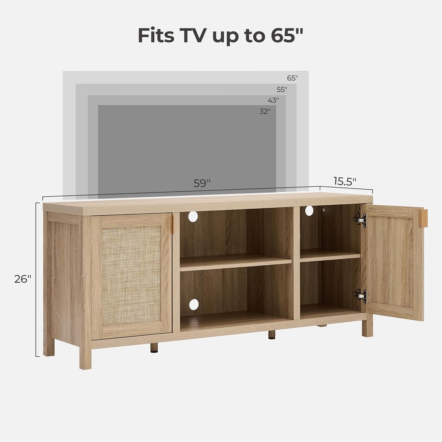 SICOTAS Rattan TV Stand for Living Room - 26" Tall TV Console Cabinet with Storage and Adjustable Shelf, Boho Entertainment Center, 59" Media Console for 50, 55, 65 Inch TV, Light Oak