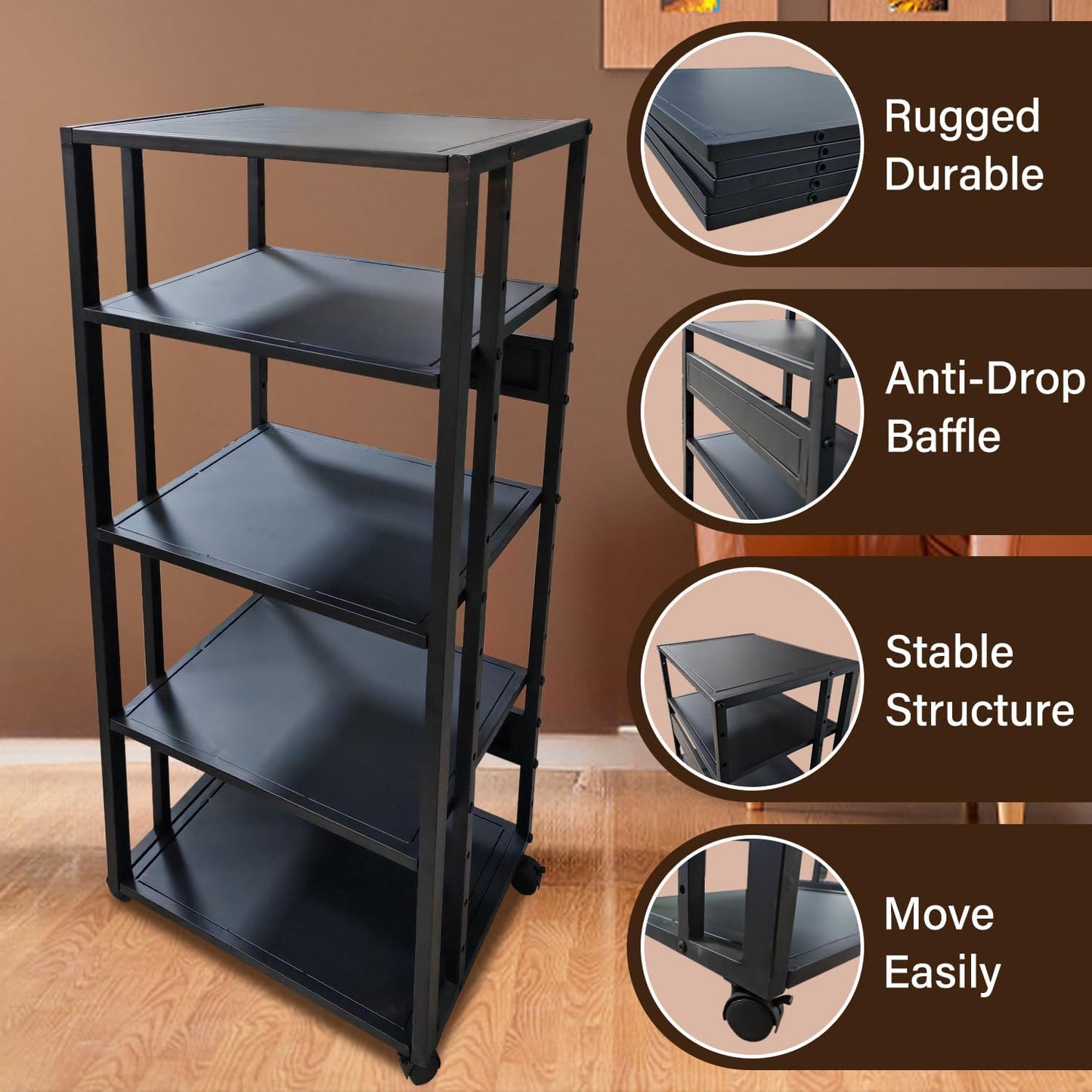 5-Tier AV Media Stand with Wheels, Media Console Cabinet With Adjustable Shelves, Metal Audio Rack, Mobile Game Console Stand, Stereo Audio Cabinet For Record Player, Dvd, TV Box