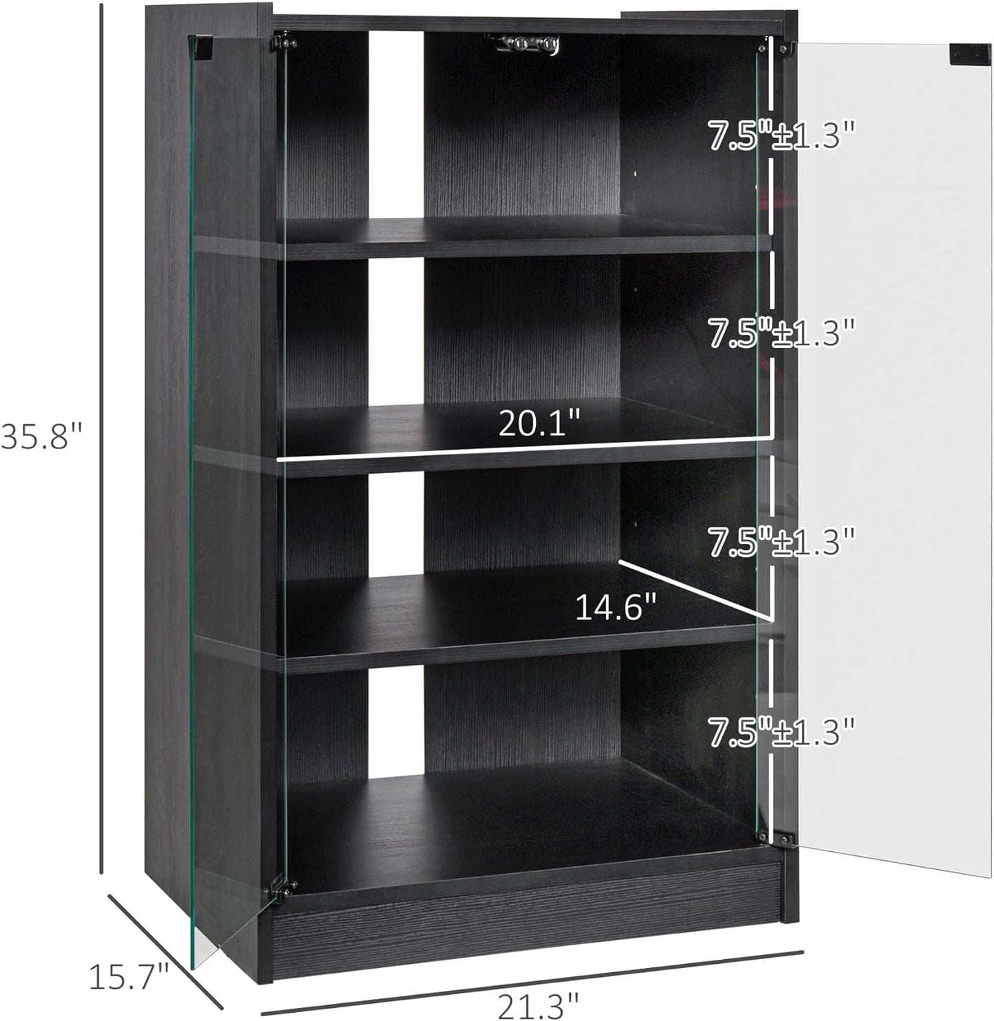 HOMCOM Media Cabinet, 4-Tier Stereo Cabinet, Record Player Stand with Vinyl Record Storage, Adjustable Shelves, Tempered Glass Doors and Cable Management, Distressed Black