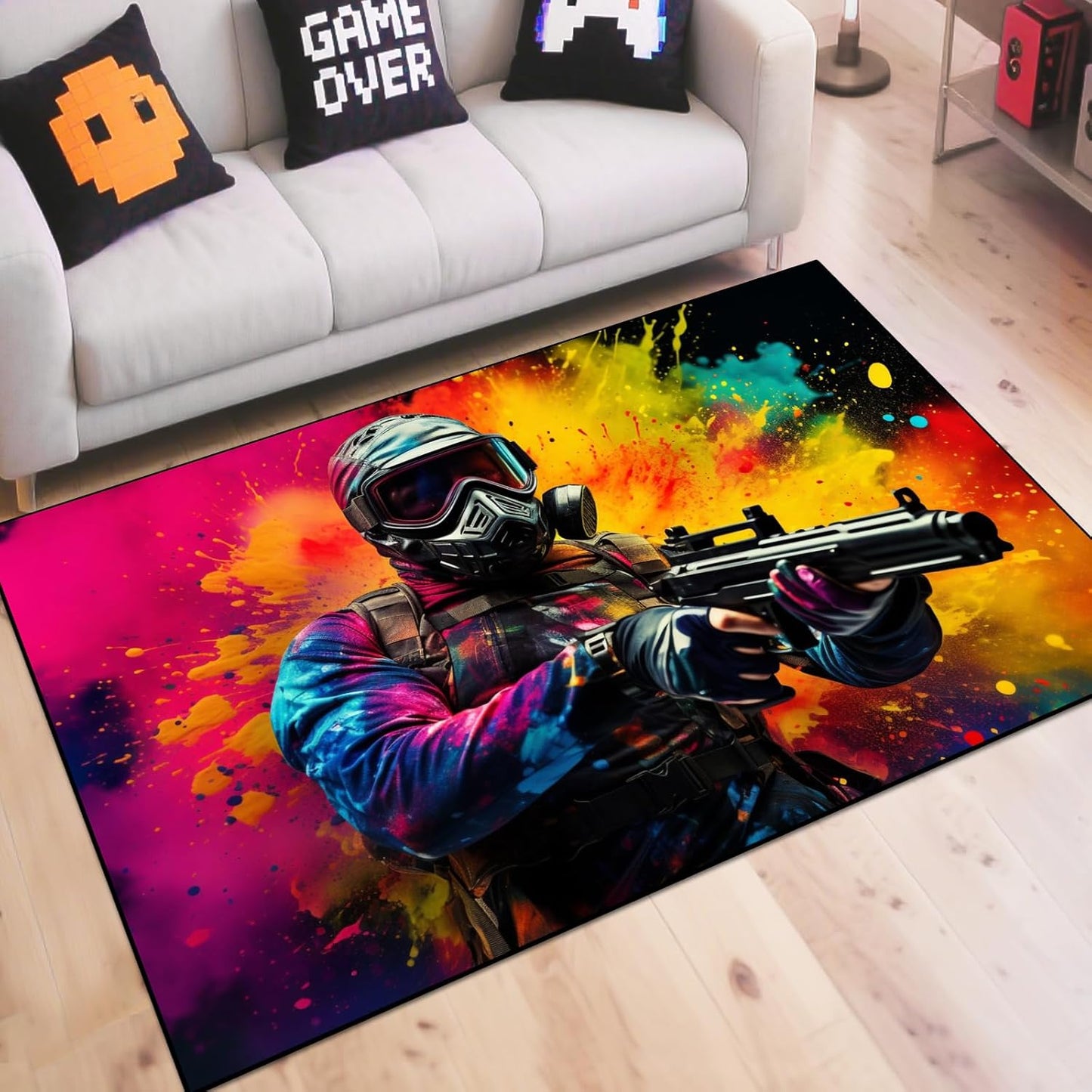 Shooting Gaming Area Rug Teen Boys Carpet, Battle Game Rug and Colorful Bomb Background War Design for Game Room, Gaming Room, Boys Girls Bedroom Playroom, Living Room (Running, 79" x 59")