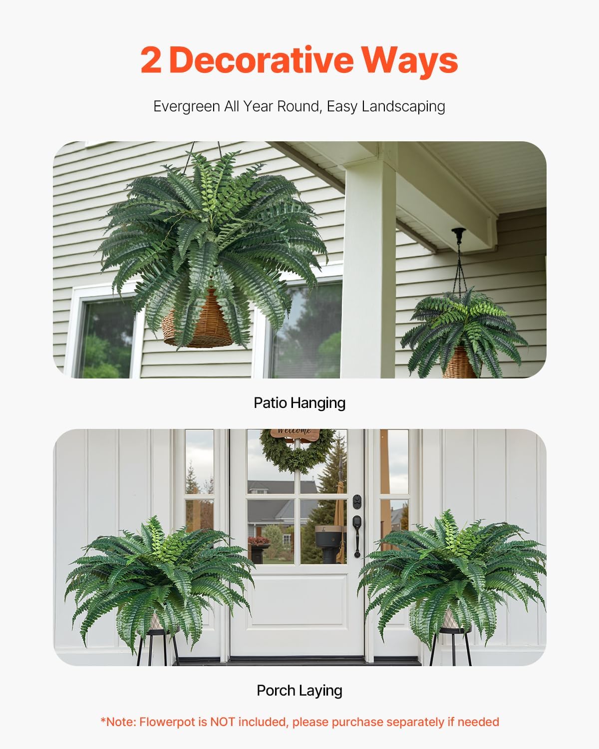VEVOR Artificial Ferns 2 Pcs, 47 Inch Large Artificial Boston Ferns Plants, Faux Fern with 50 Branches, Artificial Plants Large for Outdoors/Indoor Home, Office,Garden (Flowerpot Unincluded)