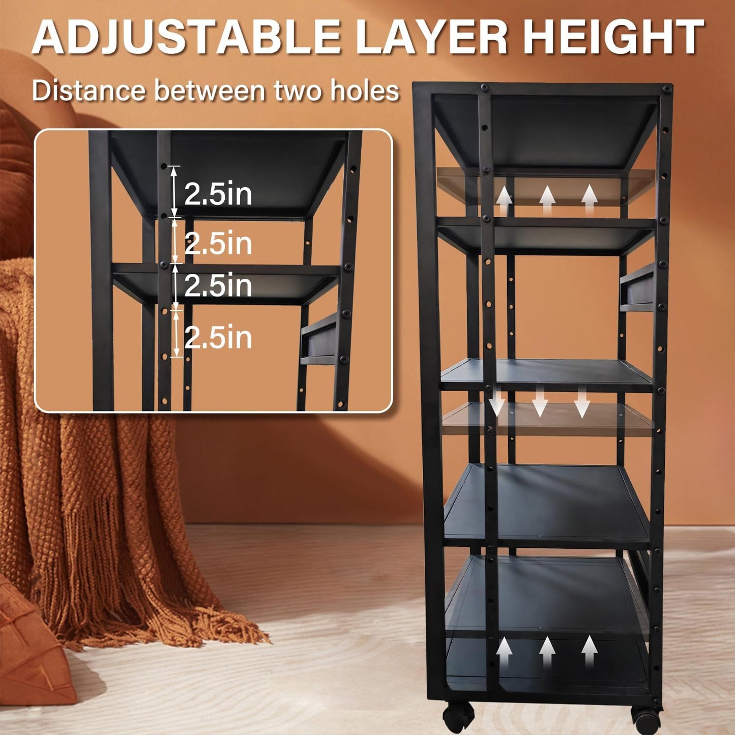 5-Tier AV Media Stand with Wheels, Media Console Cabinet With Adjustable Shelves, Metal Audio Rack, Mobile Game Console Stand, Stereo Audio Cabinet For Record Player, Dvd, TV Box