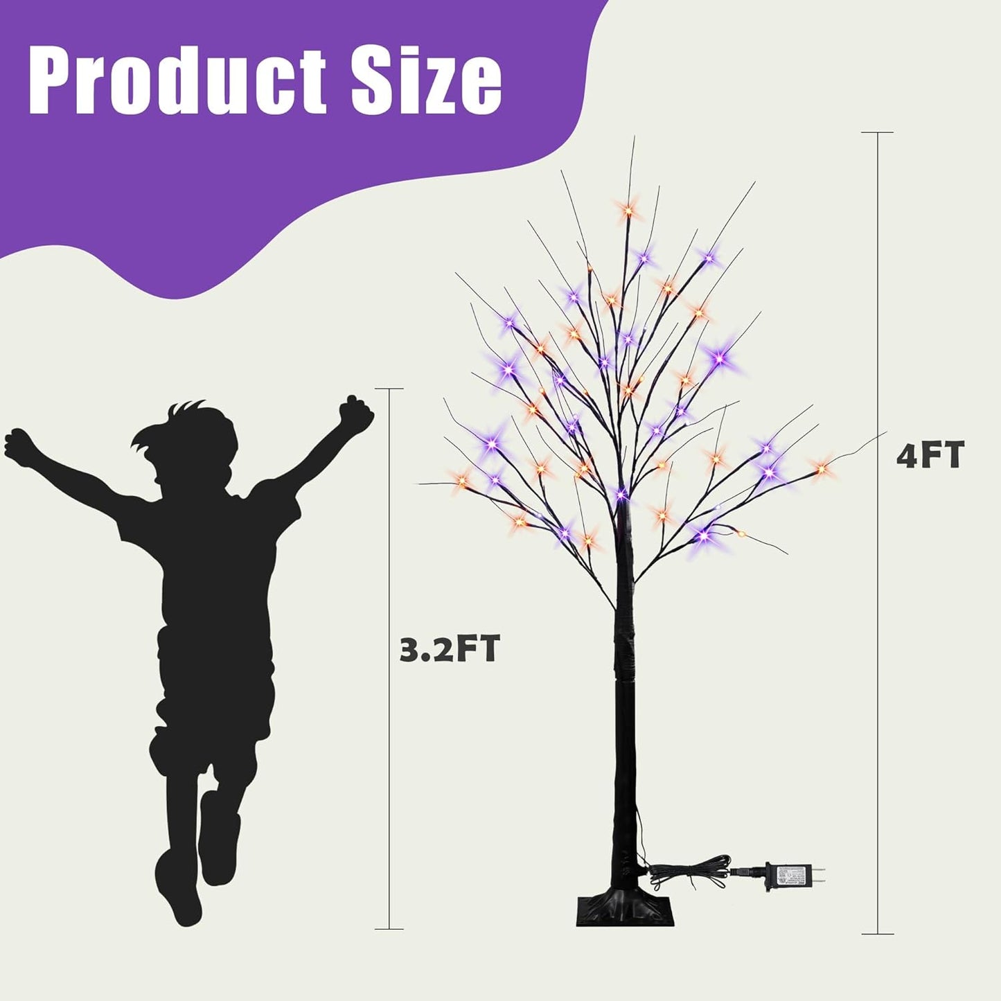 Dazzle Bright 2 Pack 4FT Halloween Lighted Up Birch Tree, Total 96 LED Purple and Orange Fairy Lights with Timer, Waterproof for Indoor Outdoor Home Party Halloween Decoration