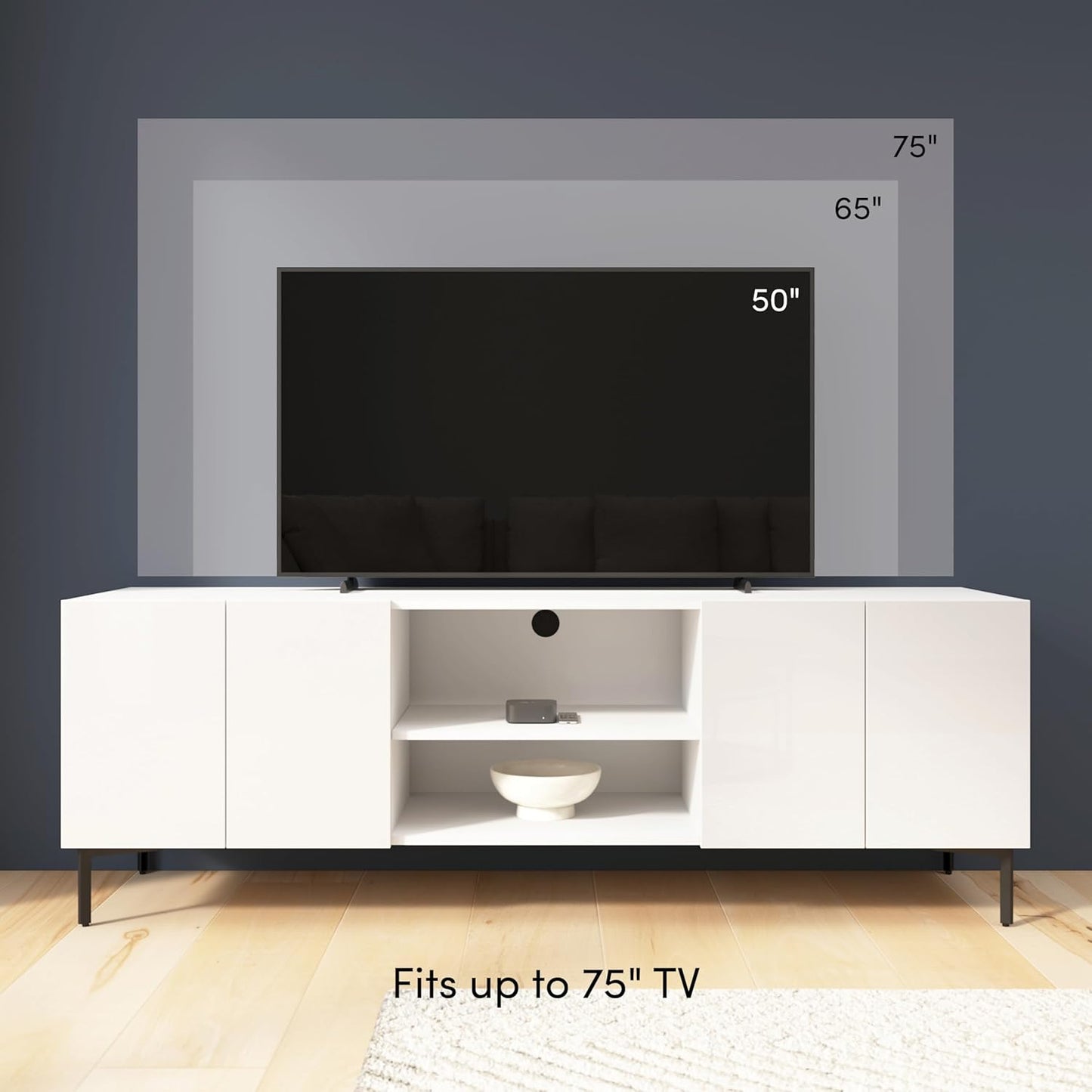 Bestar 118-inch Modular Entertainment Center with TV Stand and Media Storage Towers, Living Room Furniture, Barletta Collection, High Gloss White