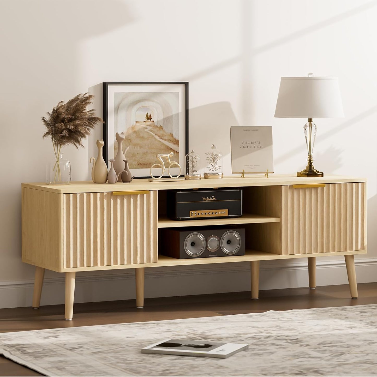 TV Stand for Living Room, Mid Century Modern Entertainment Center for 55/60/65 inch TVs, TV Console with Fluted Door Cabinets and Open Shelves, for Bedroom, Walnut