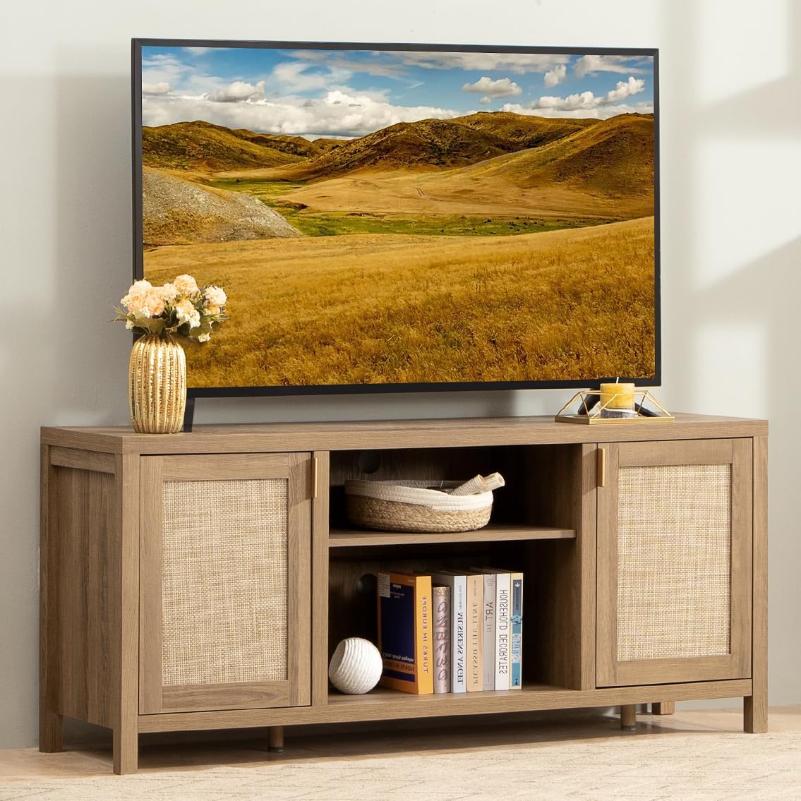SICOTAS Rattan TV Stand for Living Room - 26" Tall TV Console Cabinet with Storage and Adjustable Shelf, Boho Entertainment Center, 59" Media Console for 50, 55, 65 Inch TV, Light Oak