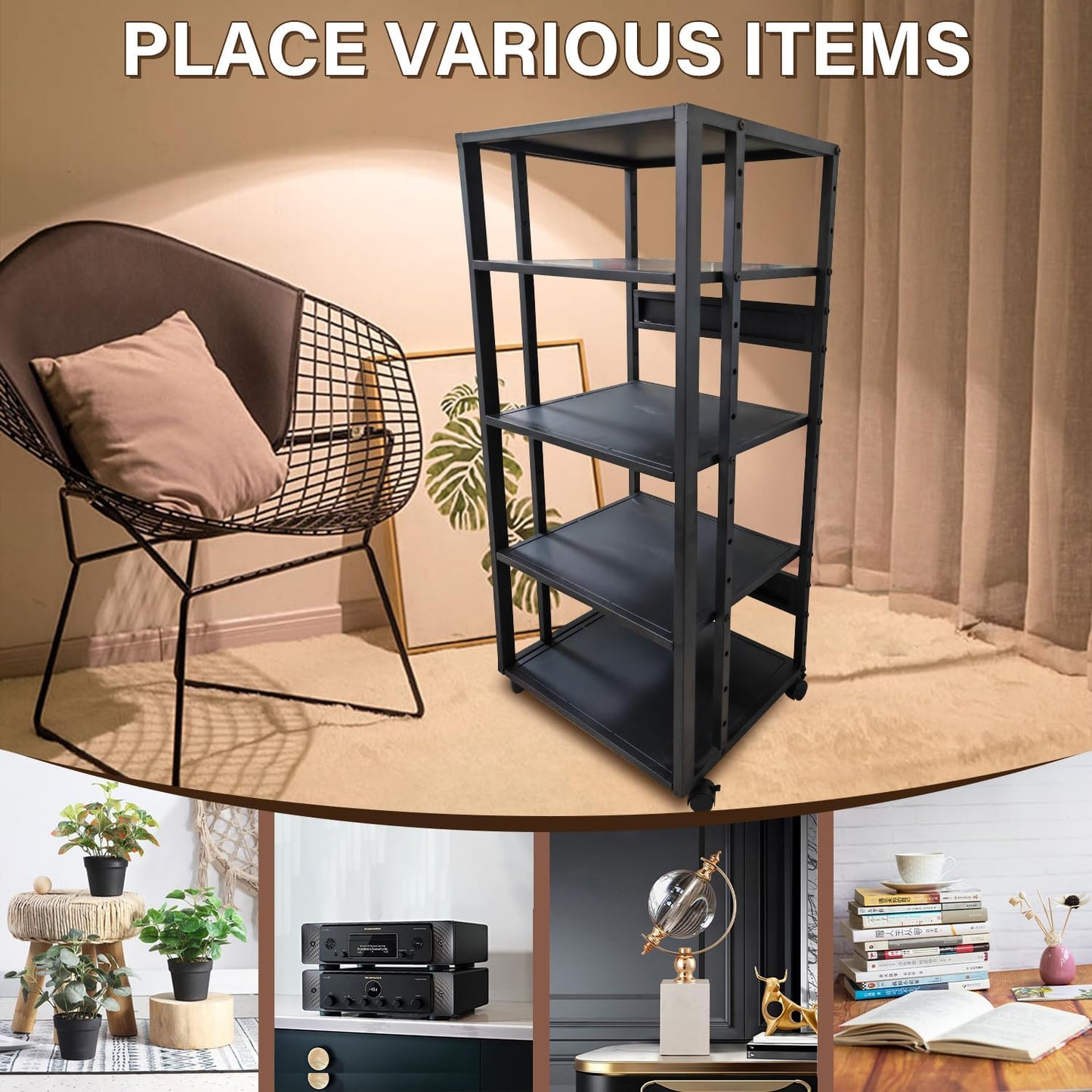 5-Tier AV Media Stand with Wheels, Media Console Cabinet With Adjustable Shelves, Metal Audio Rack, Mobile Game Console Stand, Stereo Audio Cabinet For Record Player, Dvd, TV Box