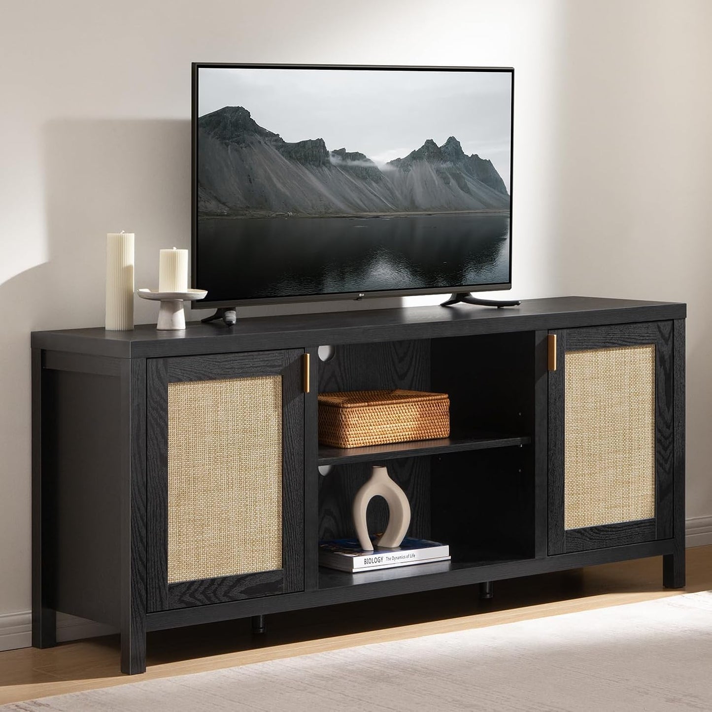 SICOTAS Rattan TV Stand for Living Room - 26" Tall TV Console Cabinet with Storage and Adjustable Shelf, Boho Entertainment Center, 59" Media Console for 50, 55, 65 Inch TV, Light Oak