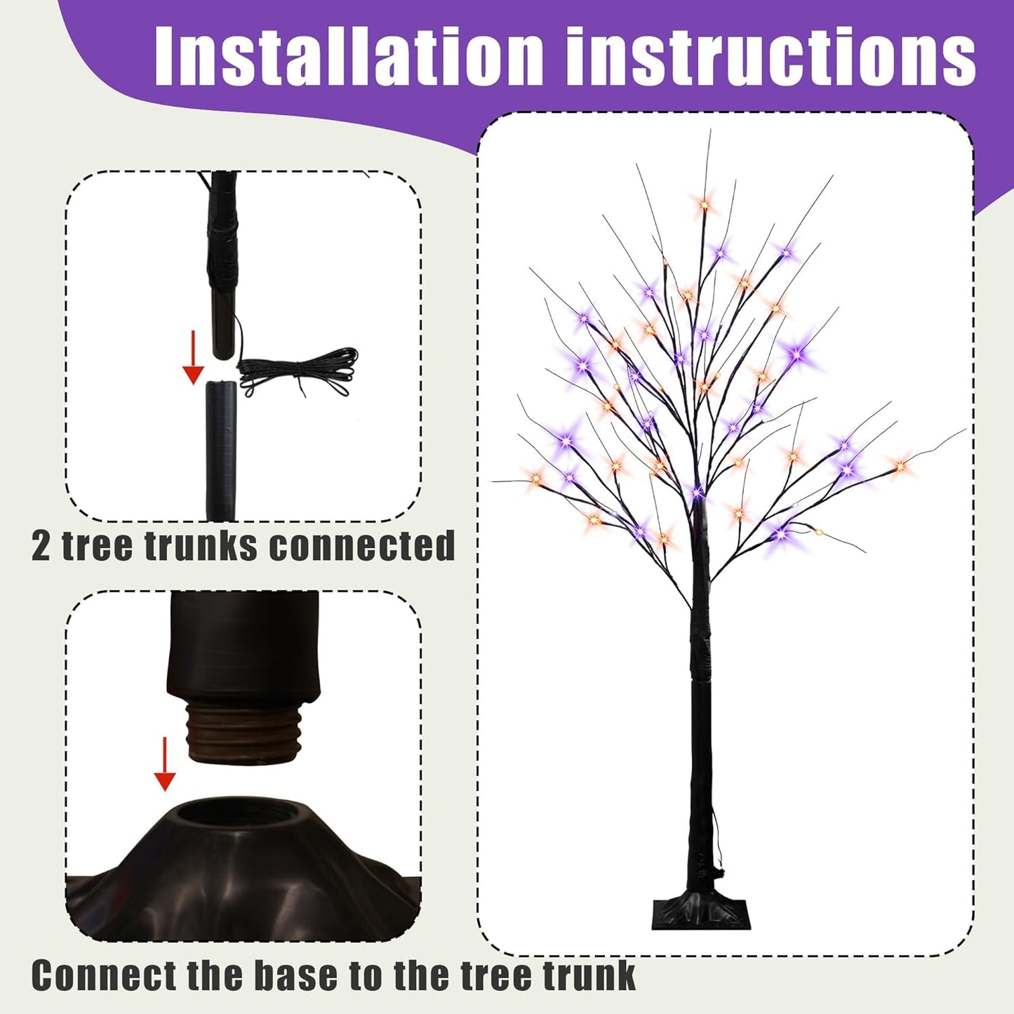 Dazzle Bright 2 Pack 4FT Halloween Lighted Up Birch Tree, Total 96 LED Purple and Orange Fairy Lights with Timer, Waterproof for Indoor Outdoor Home Party Halloween Decoration