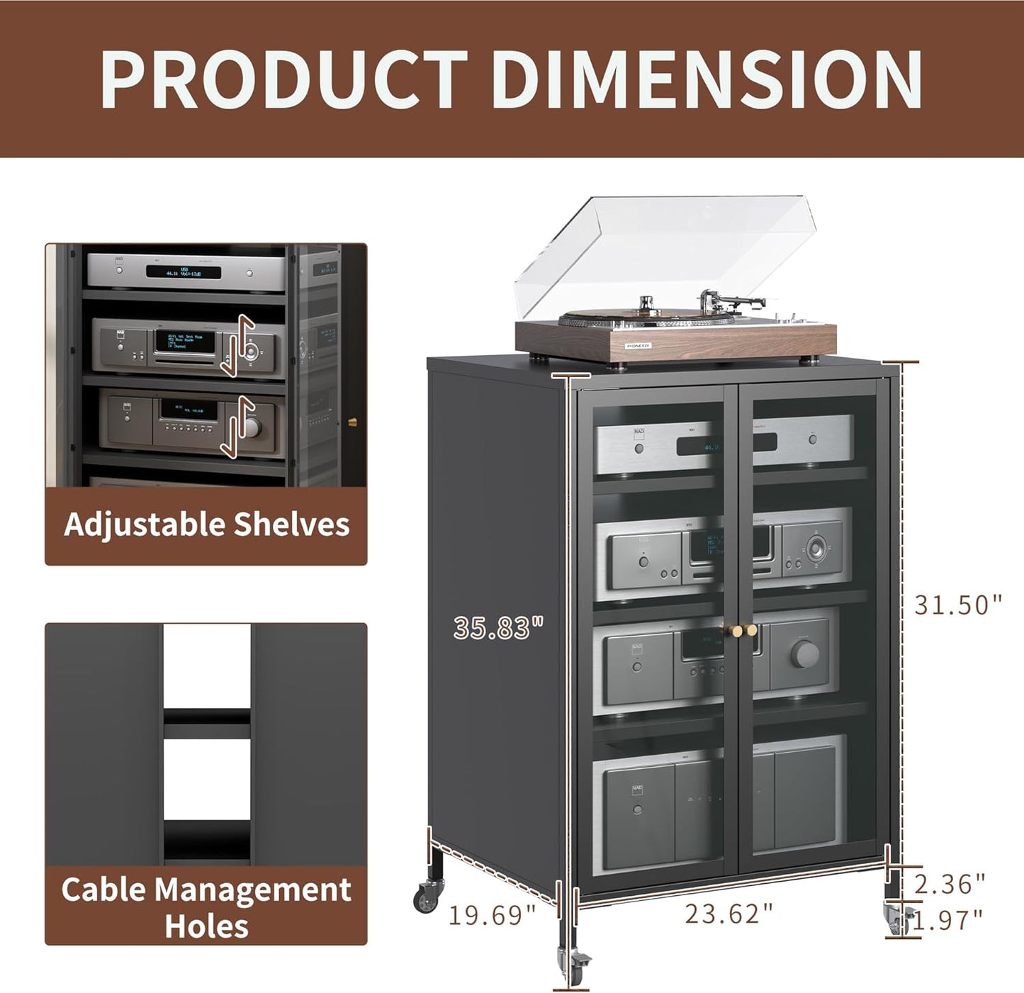 Heavy Duty 4-Tier Media Cabinet, Audio-Video Media Stand with Tempered Glass Doors, Metal Stereo Cabinets with 3 Adjustable Shelves, Storage Cabinet for Entertainment Stereo Component