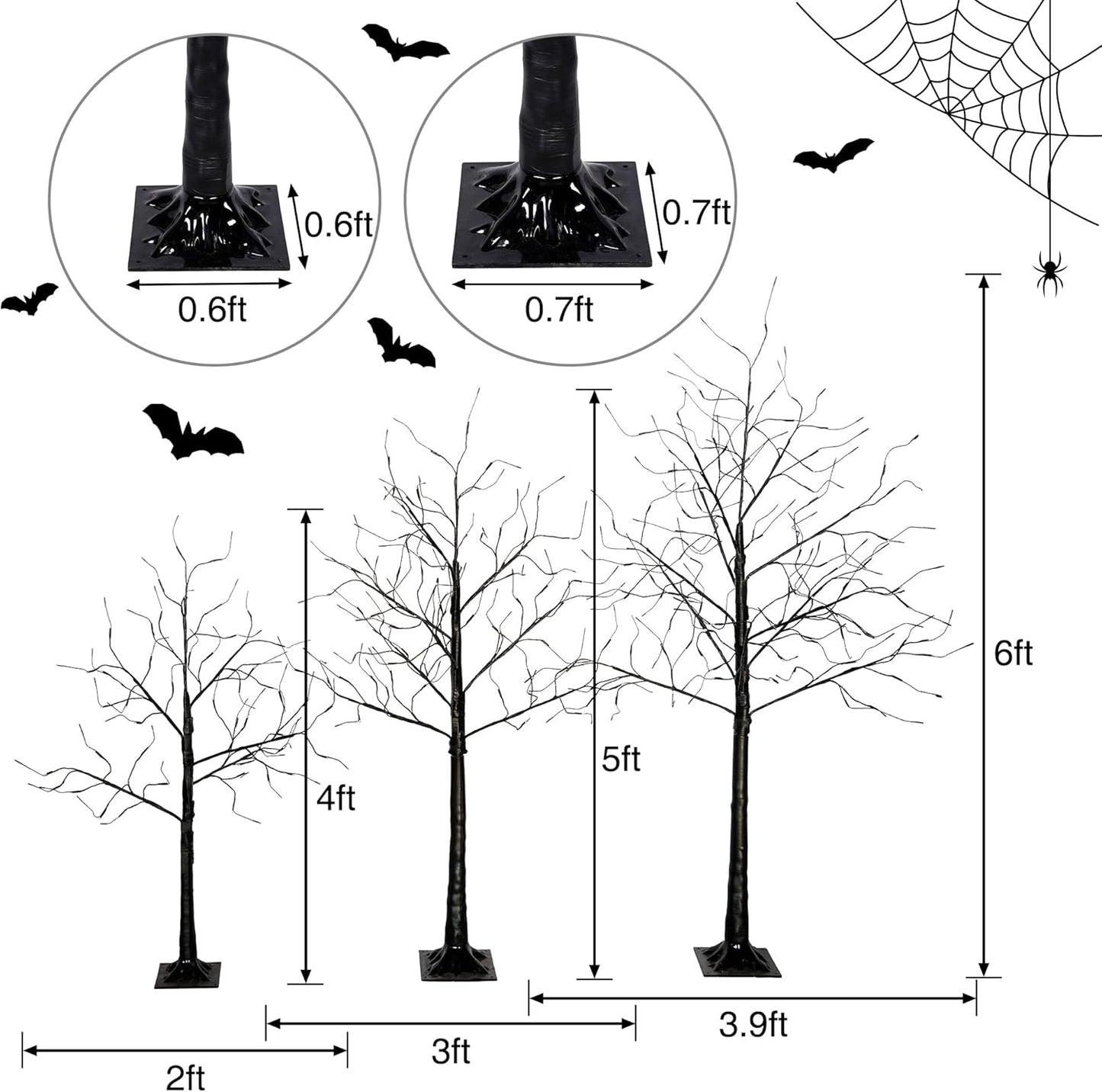 3 Pack Black Halloween Spooky Tree, 4ft 5ft 6ft Artificial Lighted Birch Trees with Purple Lights for Indoor Outdoor Use Holiday Decor Christmas Halloween Wedding Party Home Garden Decoration