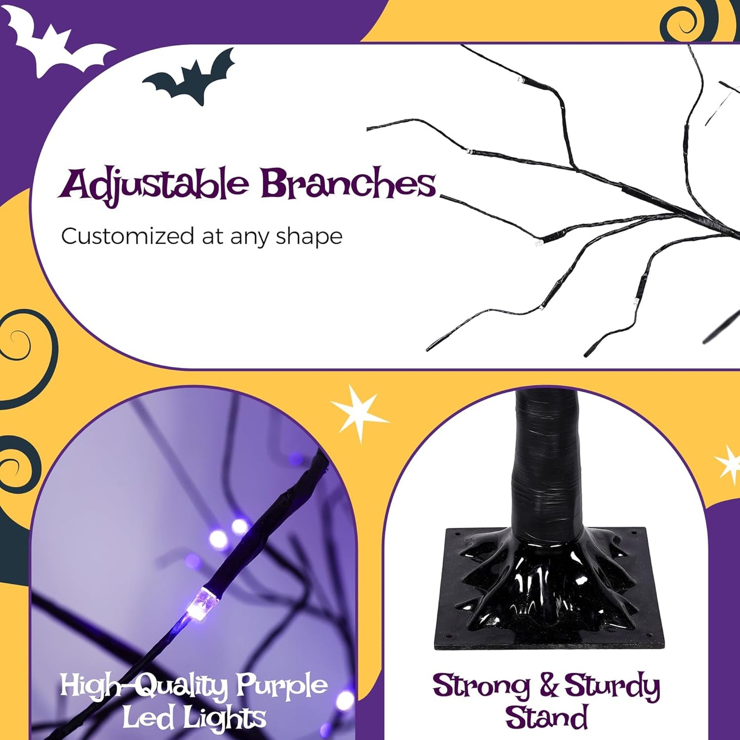 3 Pack Black Halloween Spooky Tree, 4ft 5ft 6ft Artificial Lighted Birch Trees with Purple Lights for Indoor Outdoor Use Holiday Decor Christmas Halloween Wedding Party Home Garden Decoration