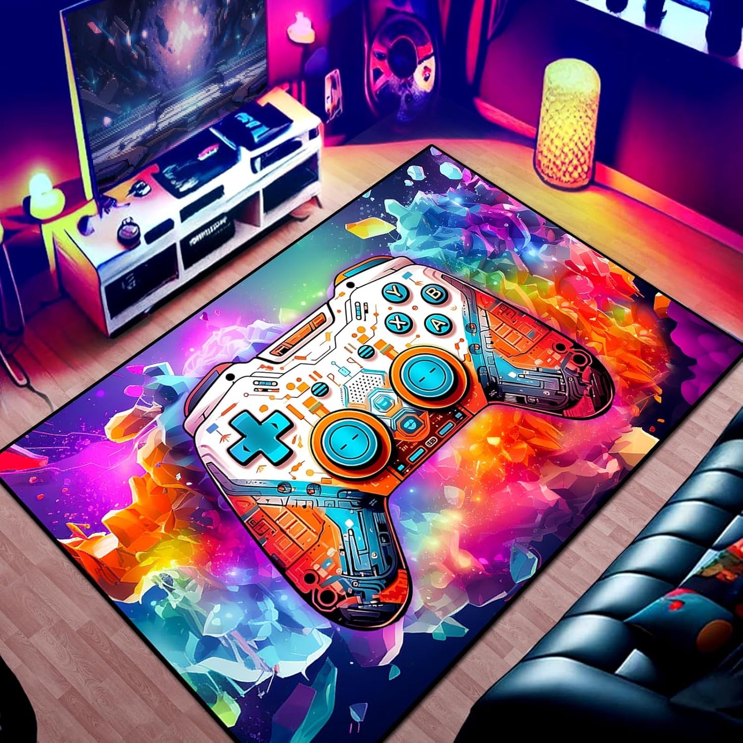 Gaming Area Rug Teen Boys Carpet, 3D Transparent Gamepad and Colorful Bomb Background Game Controller Design for Game Room, Gaming Room, Boys Girls Bedroom Playroom, Living Room (70" x 55")