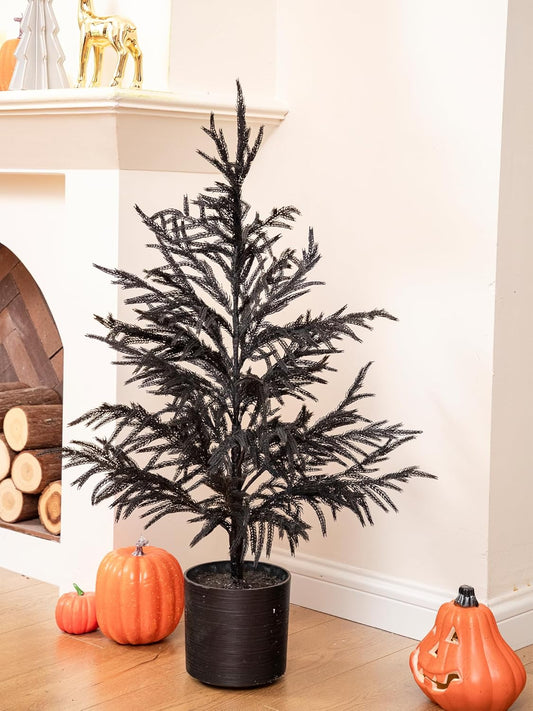 36’’ Black Christmas Tree with Pot Norfolk Pine Tree Artificial Small Christmas Tree for Front Porch Outdoor Indoor Christmas Decor Halloween Decorations
