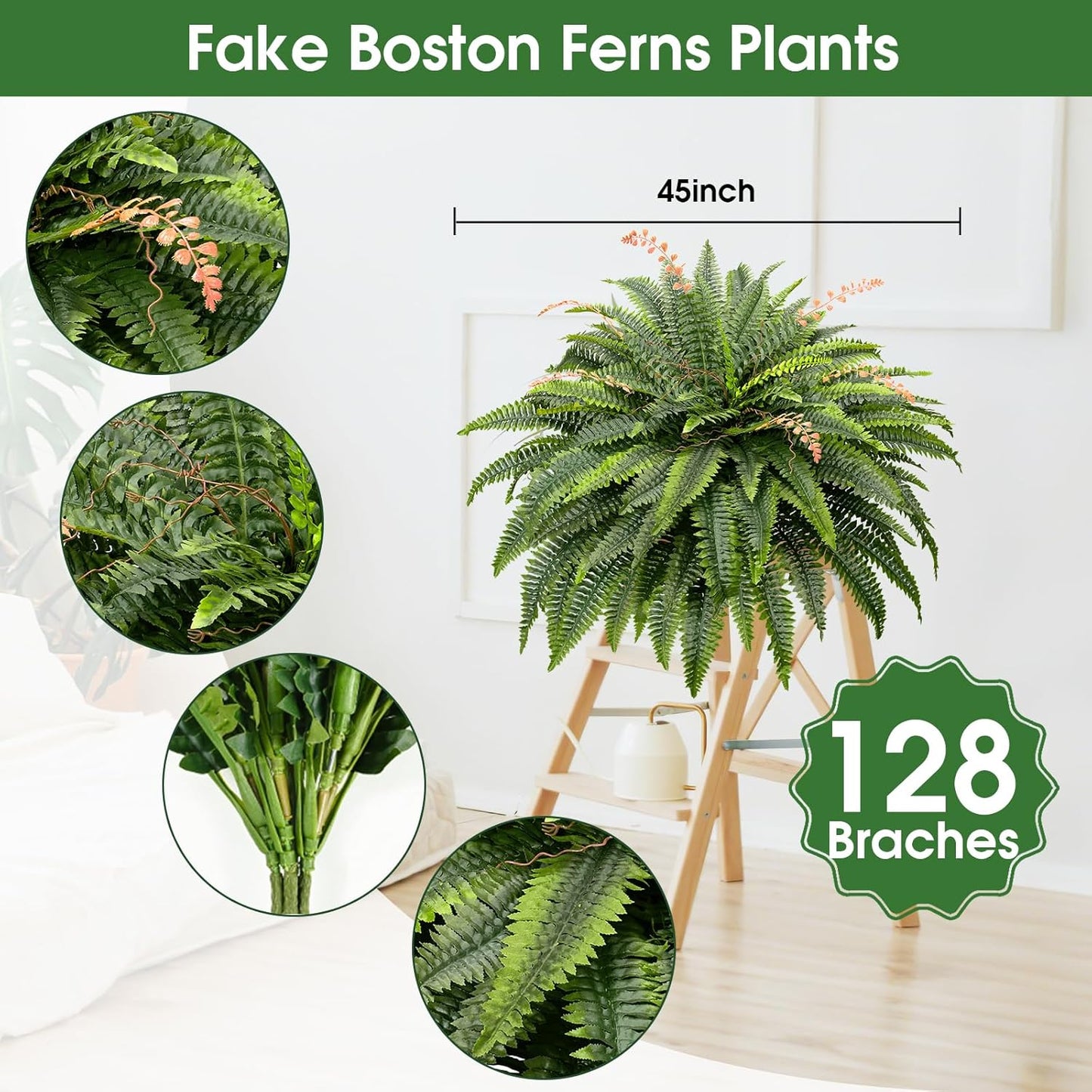 CQURE 128 Branches Fake Ferns Artificial Plants Large, 48" Set of 2 Artificial Boston Ferns Faux Hanging Fake Plants for Outdoors Planter Home Garden Decor