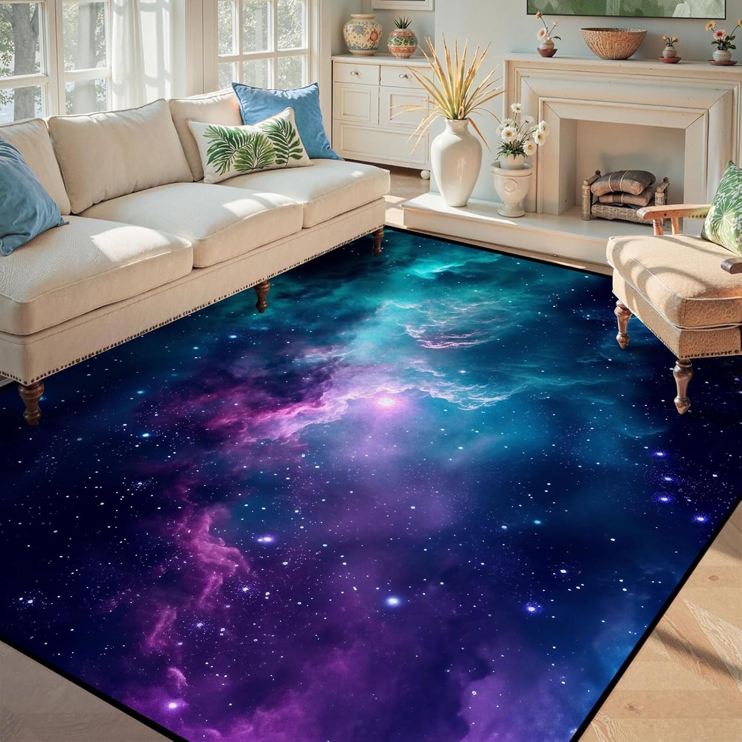 5' X 7' Galaxy Area Rug Dark Blue Starry Sky Carpets for Kids Bedroom Living Room Glitter Outer Space Throw Rugs Floor Mat