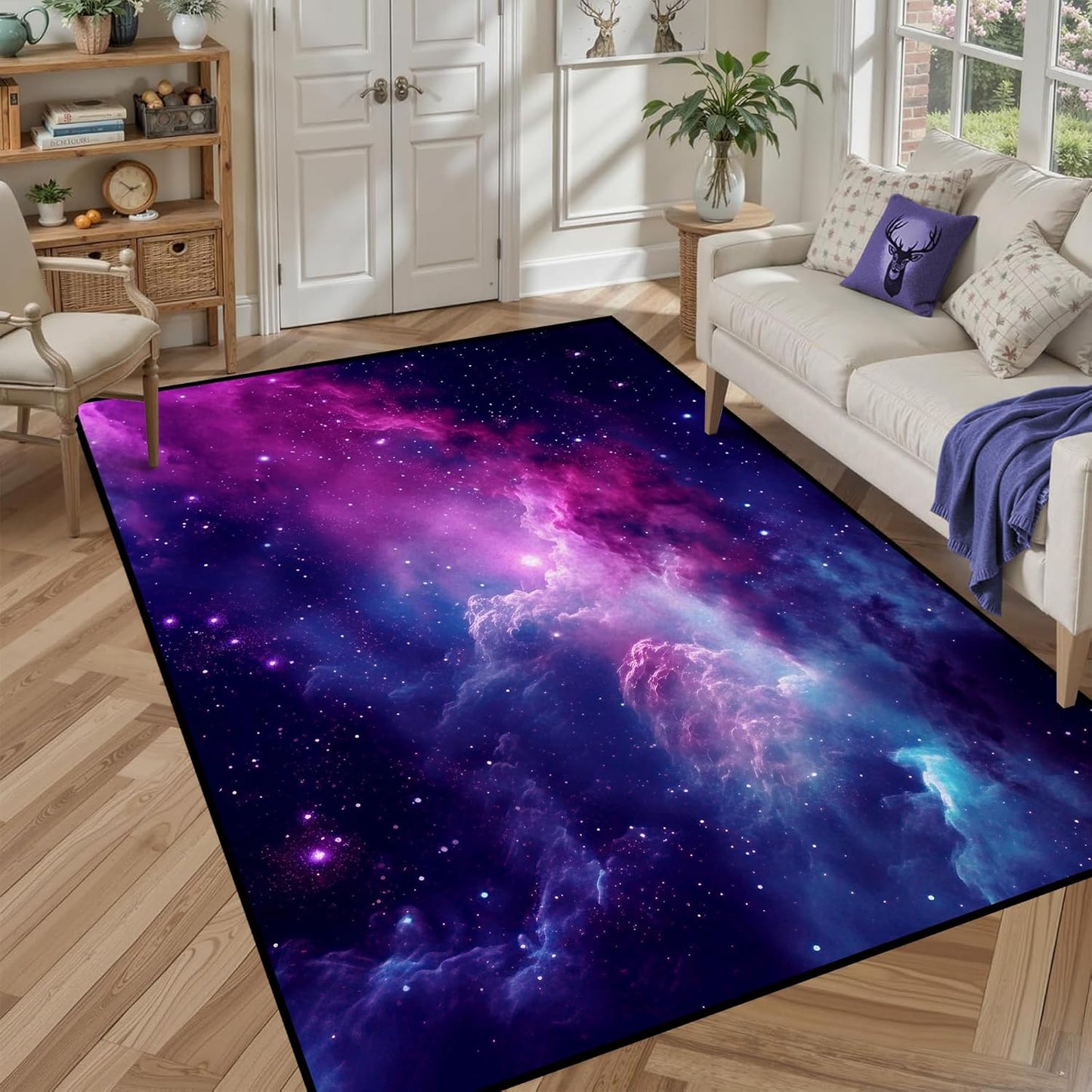 5' X 7' Galaxy Area Rug Dark Blue Starry Sky Carpets for Kids Bedroom Living Room Glitter Outer Space Throw Rugs Floor Mat