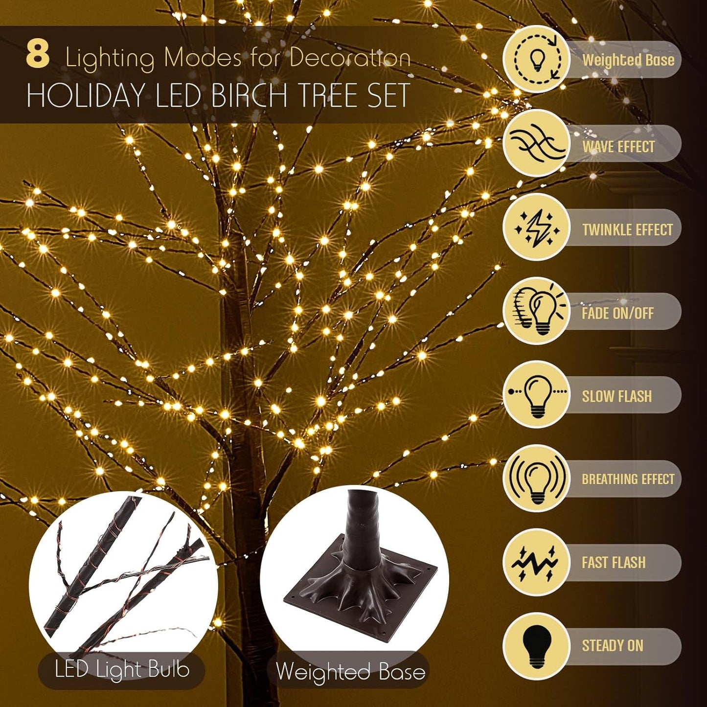 Baquler 1 Pack Lighted Birch Tree - Halloween LED Light Brown Birch Tree Decoration for Christmas Holiday Fall Winter Party Decor, Indoor & Outdoor (8 ft)