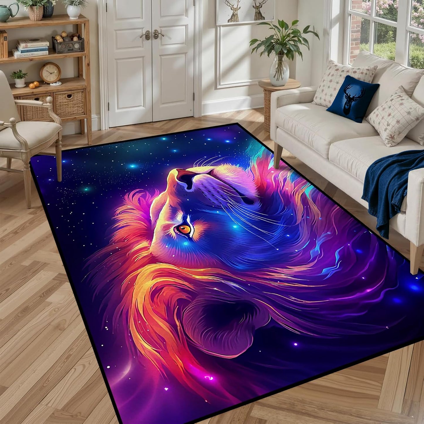 5' X 7' Galaxy Area Rug Dark Blue Starry Sky Carpets for Kids Bedroom Living Room Glitter Outer Space Throw Rugs Floor Mat