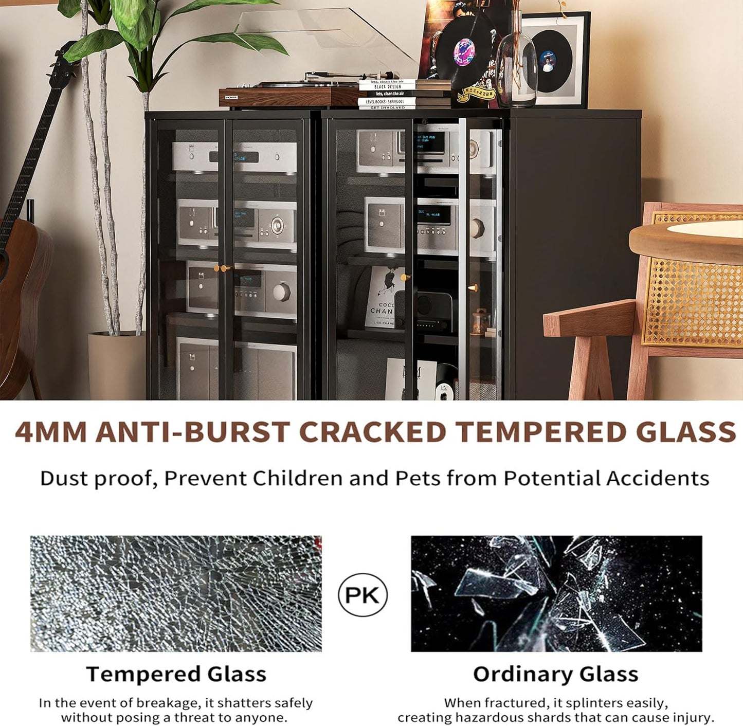 Heavy Duty 4-Tier Media Cabinet, Audio-Video Media Stand with Tempered Glass Doors, Metal Stereo Cabinets with 3 Adjustable Shelves, Storage Cabinet for Entertainment Stereo Component