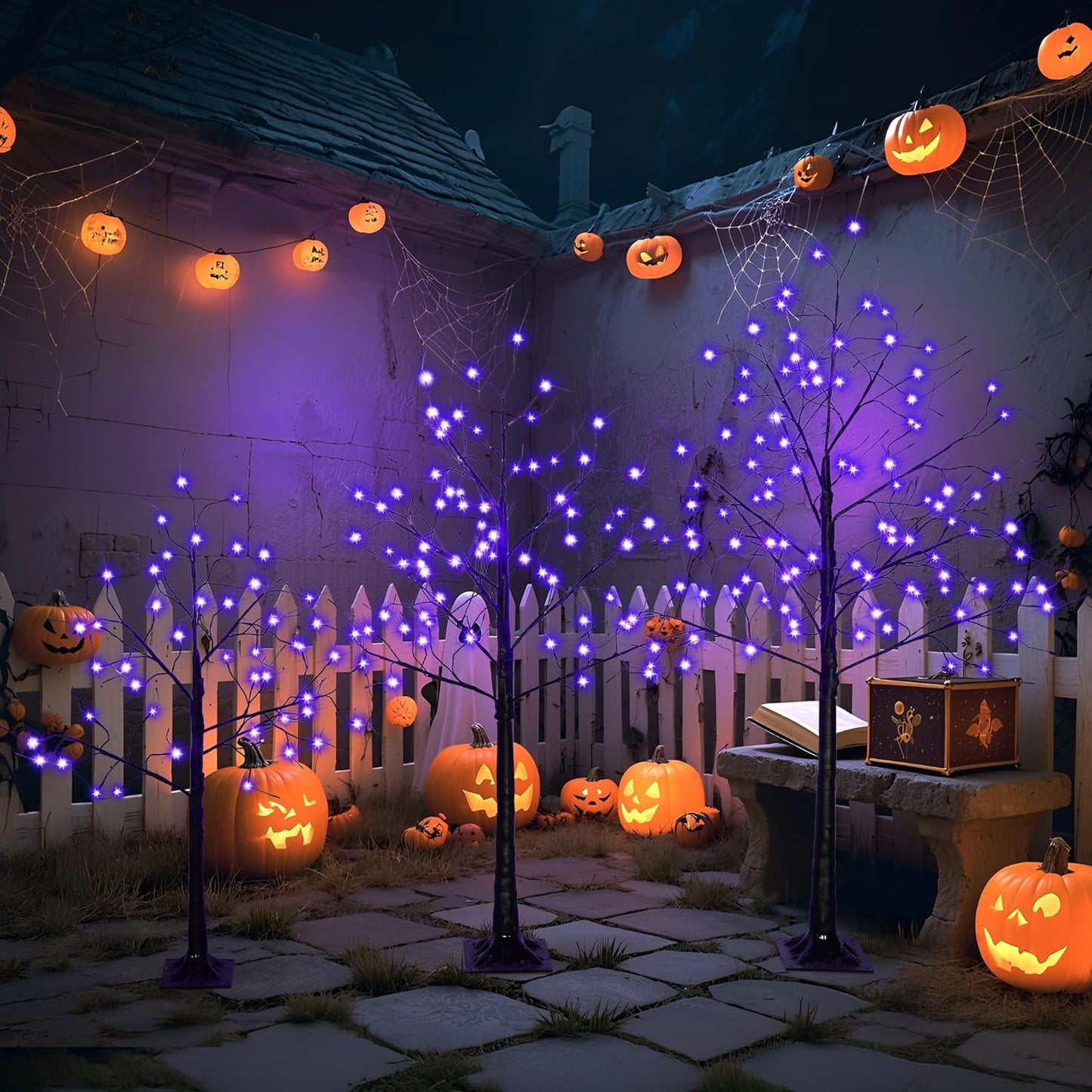 3 Pack Black Halloween Spooky Tree, 4ft 5ft 6ft Artificial Lighted Birch Trees with Purple Lights for Indoor Outdoor Use Holiday Decor Christmas Halloween Wedding Party Home Garden Decoration