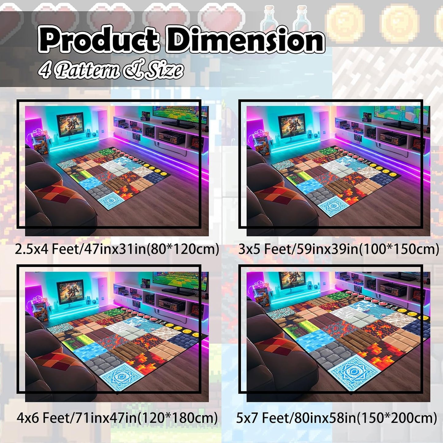 Cool Game Rug for Teen Boys Room Funny Gamer Rug for Boys Bedroom, Gaming Carpet Kids Play Mat for Living Room Playroom Game Decoration Floor Mats, 5'x7'