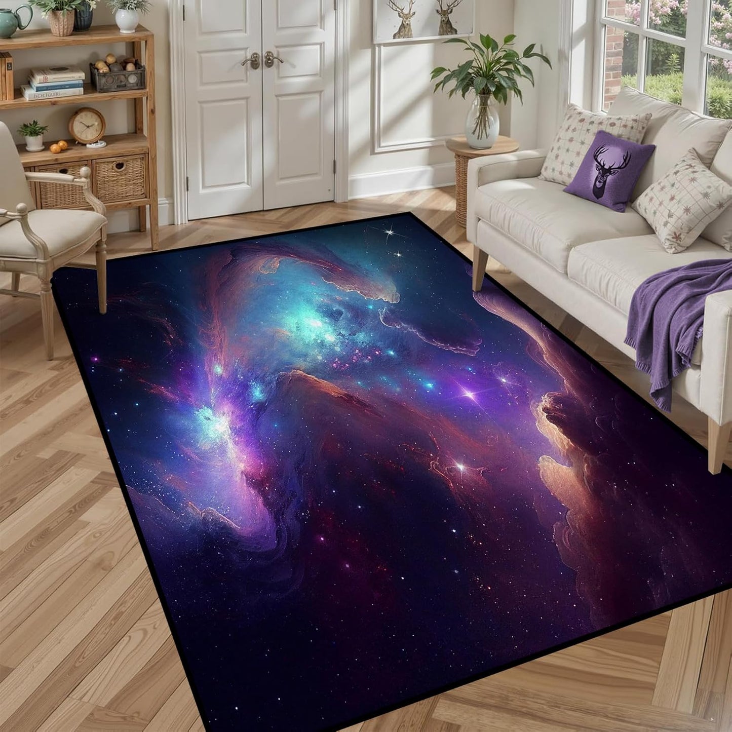 5' X 7' Galaxy Area Rug Dark Blue Starry Sky Carpets for Kids Bedroom Living Room Glitter Outer Space Throw Rugs Floor Mat
