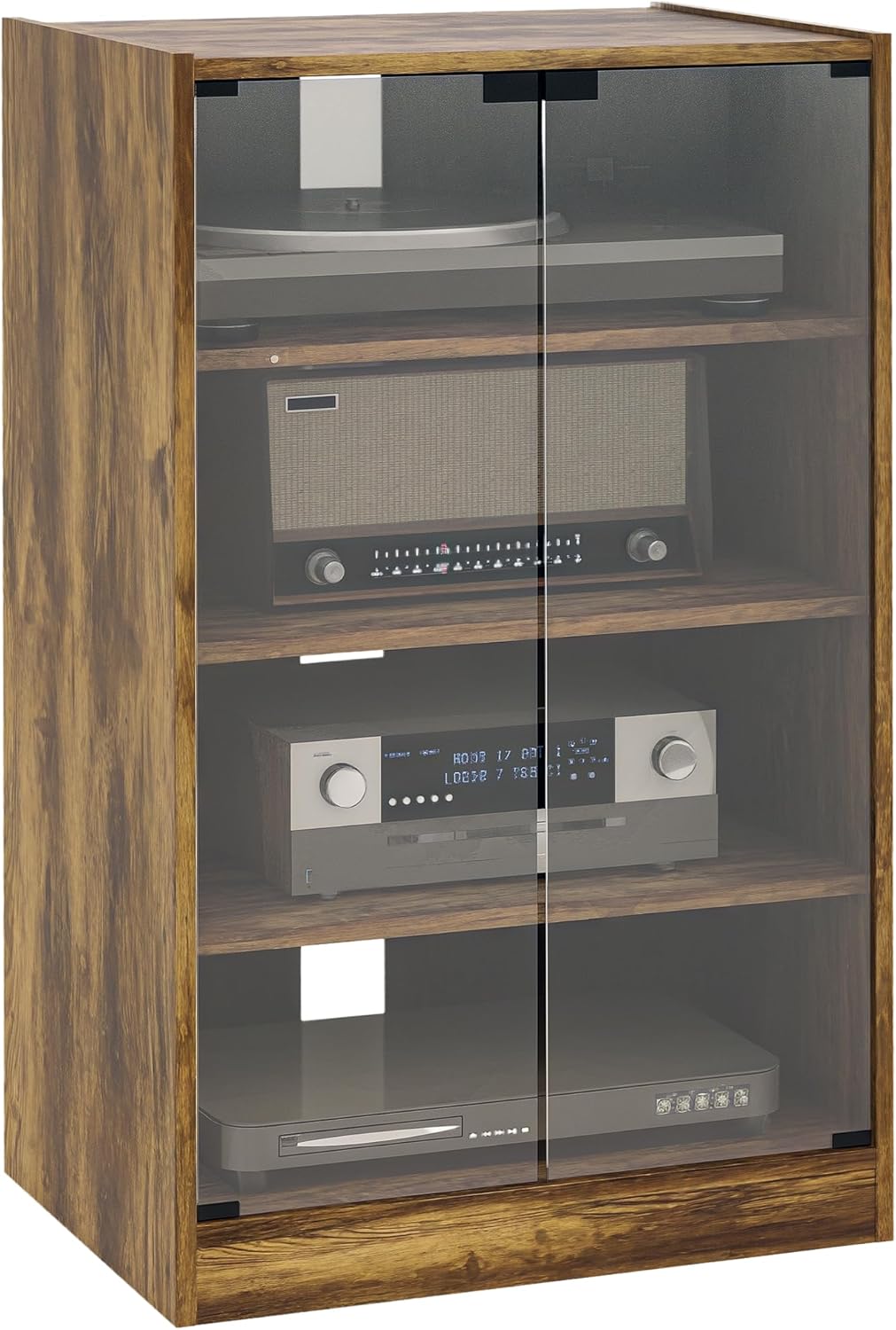 HOMCOM Media Cabinet, 4-Tier Stereo Cabinet, Record Player Stand with Vinyl Record Storage, Adjustable Shelves, Tempered Glass Doors and Cable Management, Distressed Black