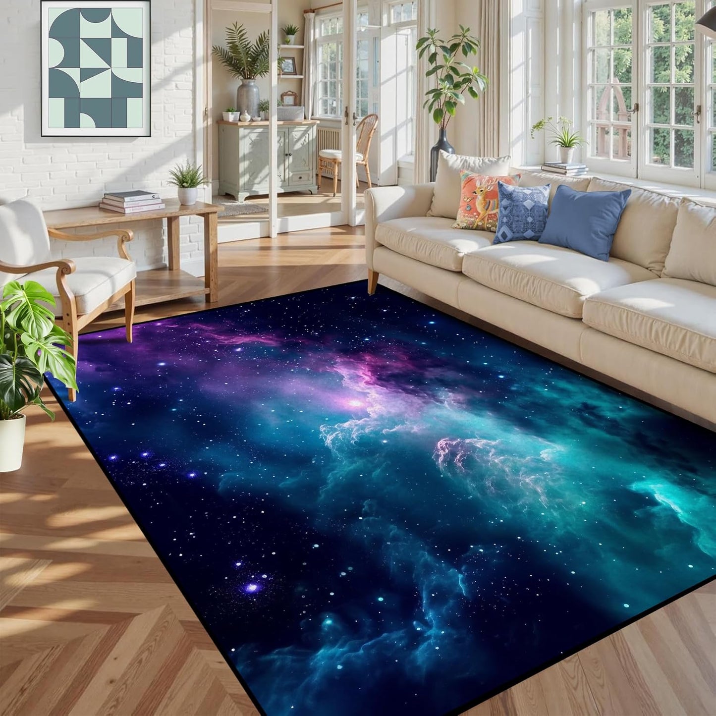 5' X 7' Galaxy Area Rug Dark Blue Starry Sky Carpets for Kids Bedroom Living Room Glitter Outer Space Throw Rugs Floor Mat