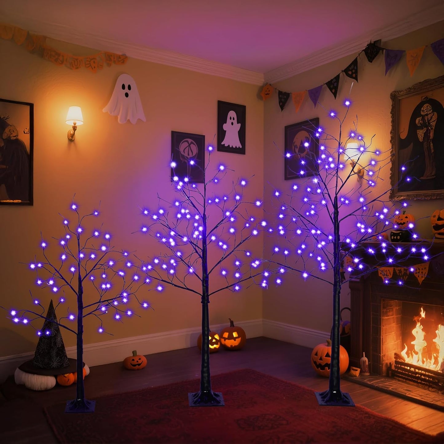 3 Pack Black Halloween Spooky Tree, 4ft 5ft 6ft Artificial Lighted Birch Trees with Purple Lights for Indoor Outdoor Use Holiday Decor Christmas Halloween Wedding Party Home Garden Decoration