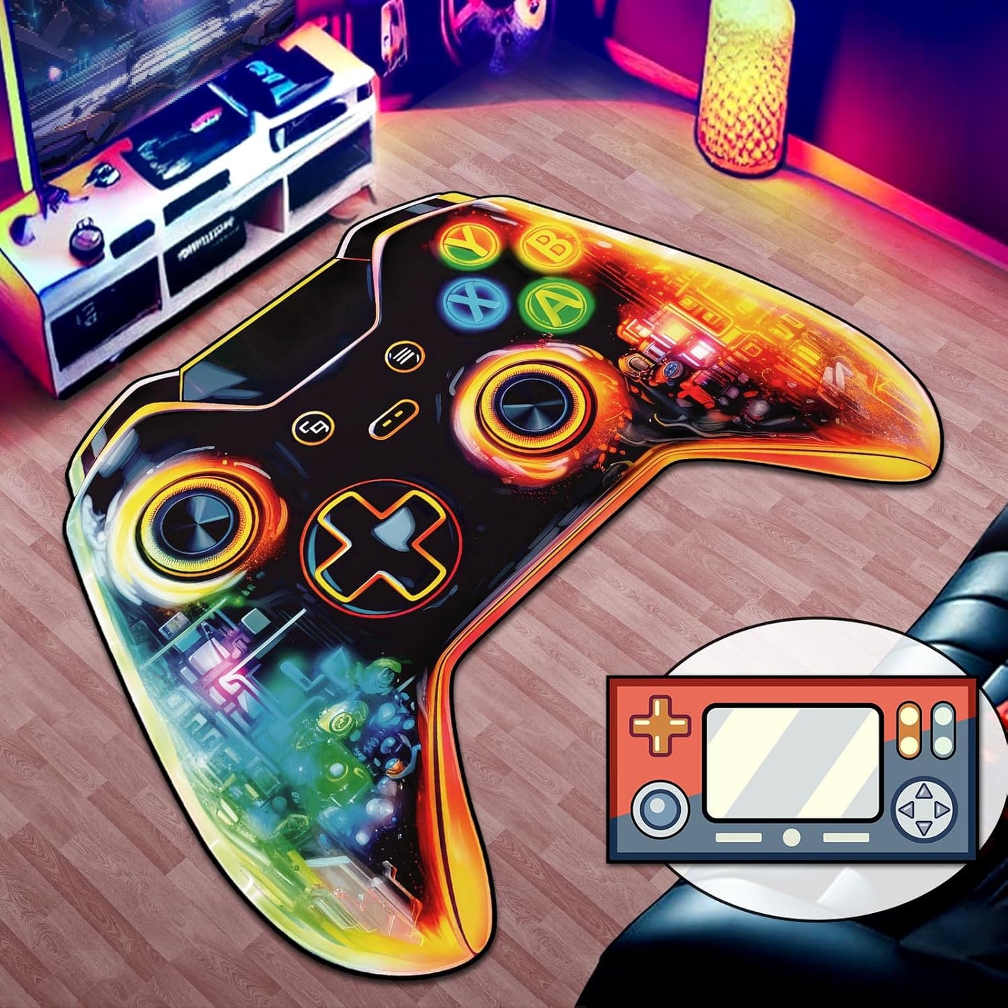Gaming Area Rug Teen Boys Carpet, 3D Transparent Gamepad and Colorful Bomb Background Game Controller Design for Game Room, Gaming Room, Boys Girls Bedroom Playroom, Living Room (70" x 55")