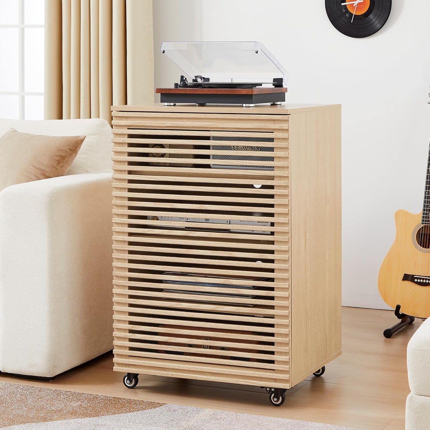 LEVNARY 5-Tier AV Media Cabinet with Grille Door & Adjustable Shelves, Modern Wooden Stereo Rack with Cable Management & Wheels, Audio Video Stand for Living Gaming Room Recording Studio (Walnut)