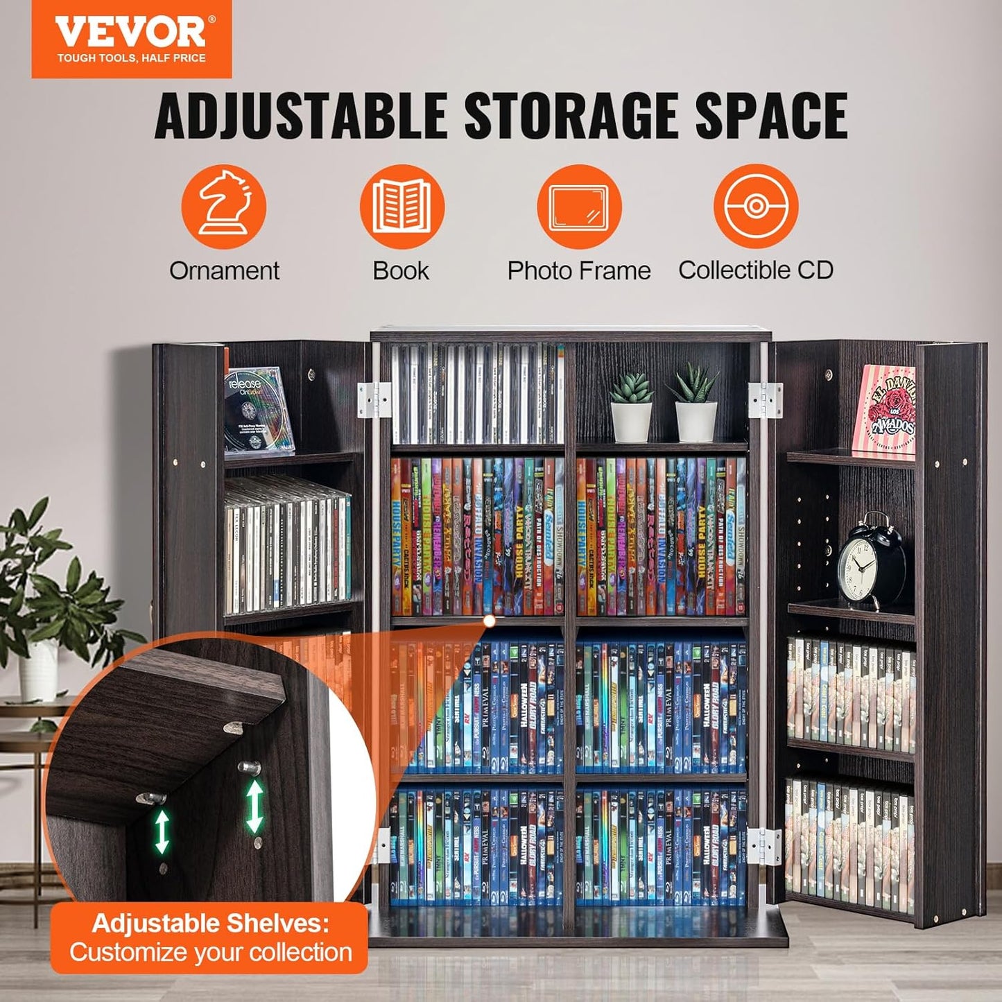 VEVOR Media Storage Cabinet, DVD Cabinet with Doors and Shelves, CD Storage, Adjustable DVD Shelf, Protects & Organizes Music, Movie, Video Games or Collections-Espresso