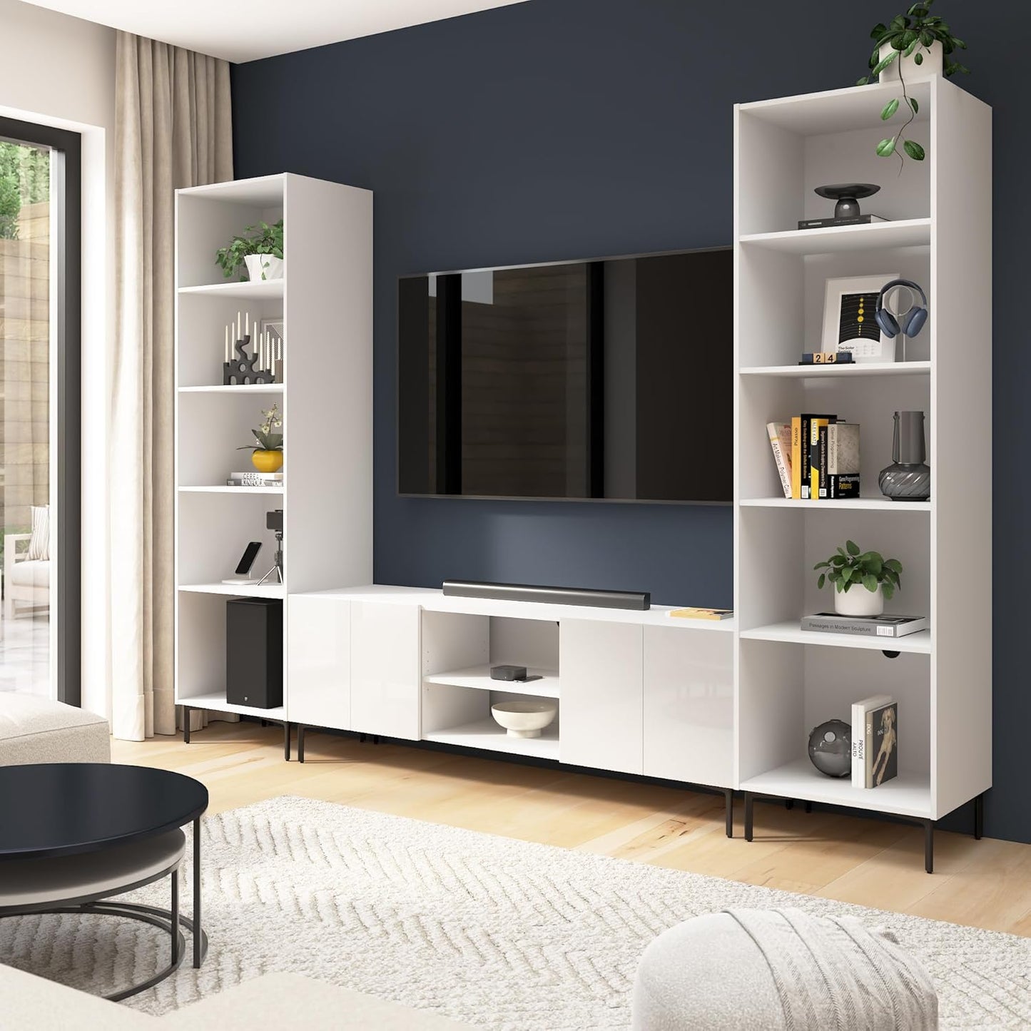 Bestar 118-inch Modular Entertainment Center with TV Stand and Media Storage Towers, Living Room Furniture, Barletta Collection, High Gloss White