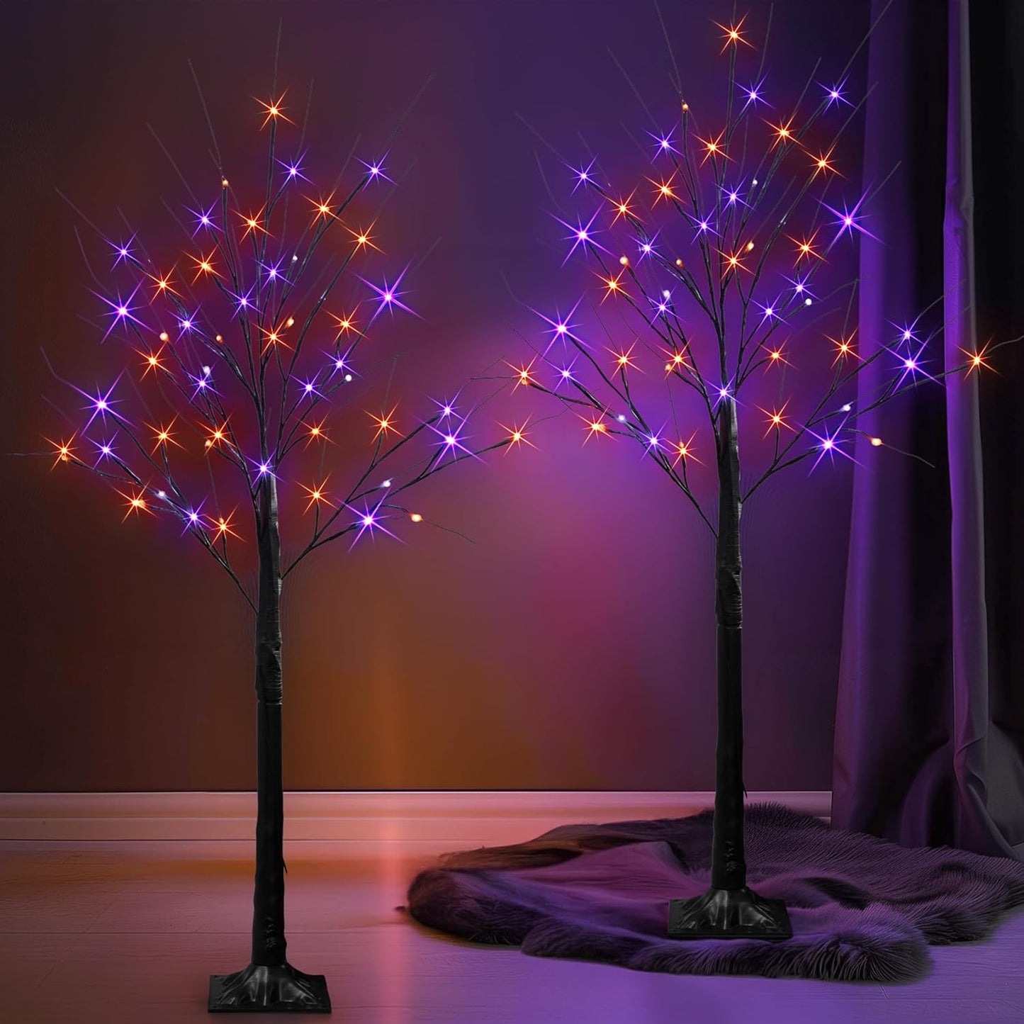 Dazzle Bright 2 Pack 4FT Halloween Lighted Up Birch Tree, Total 96 LED Purple and Orange Fairy Lights with Timer, Waterproof for Indoor Outdoor Home Party Halloween Decoration