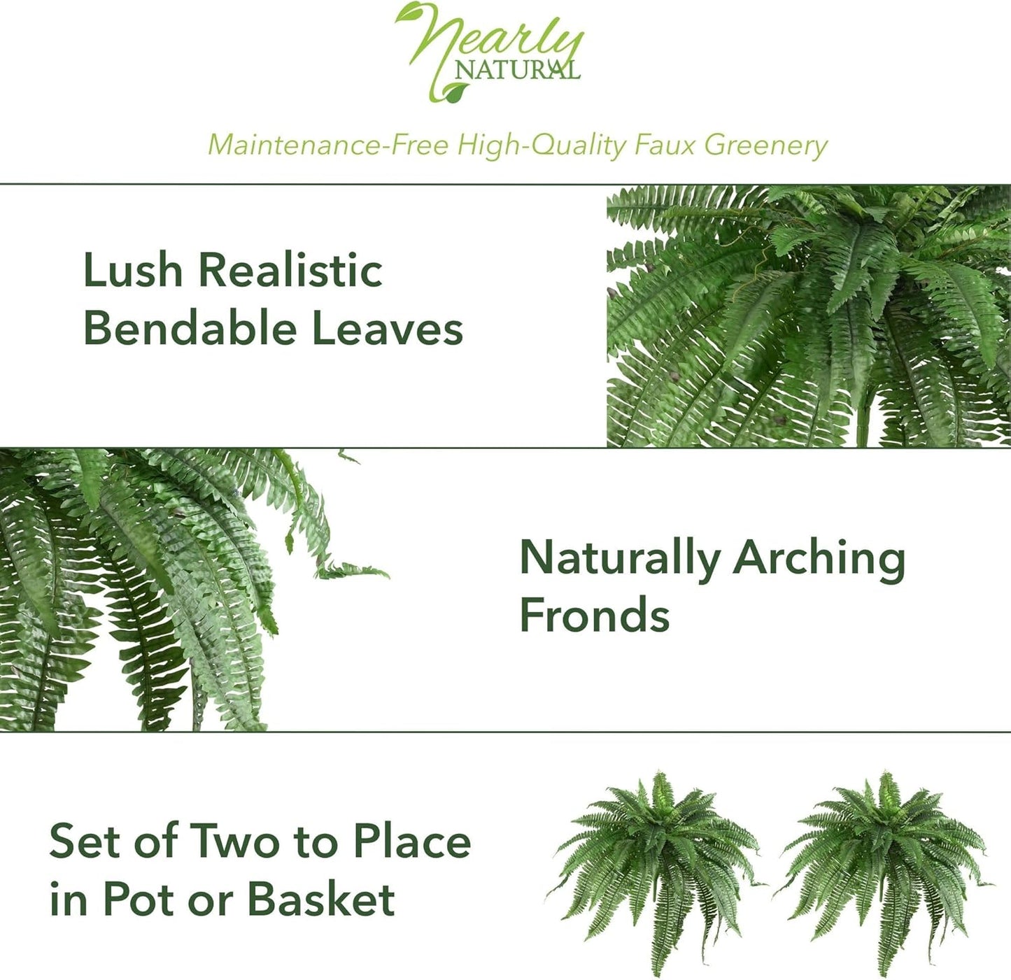 Nearly Natural 48-in Artificial Boston Fern, Set of 2, Large Hanging Fake Plant Wall Decor with 67 Fronds, Faux Fern Vines that Look Real for Home and Office Decor