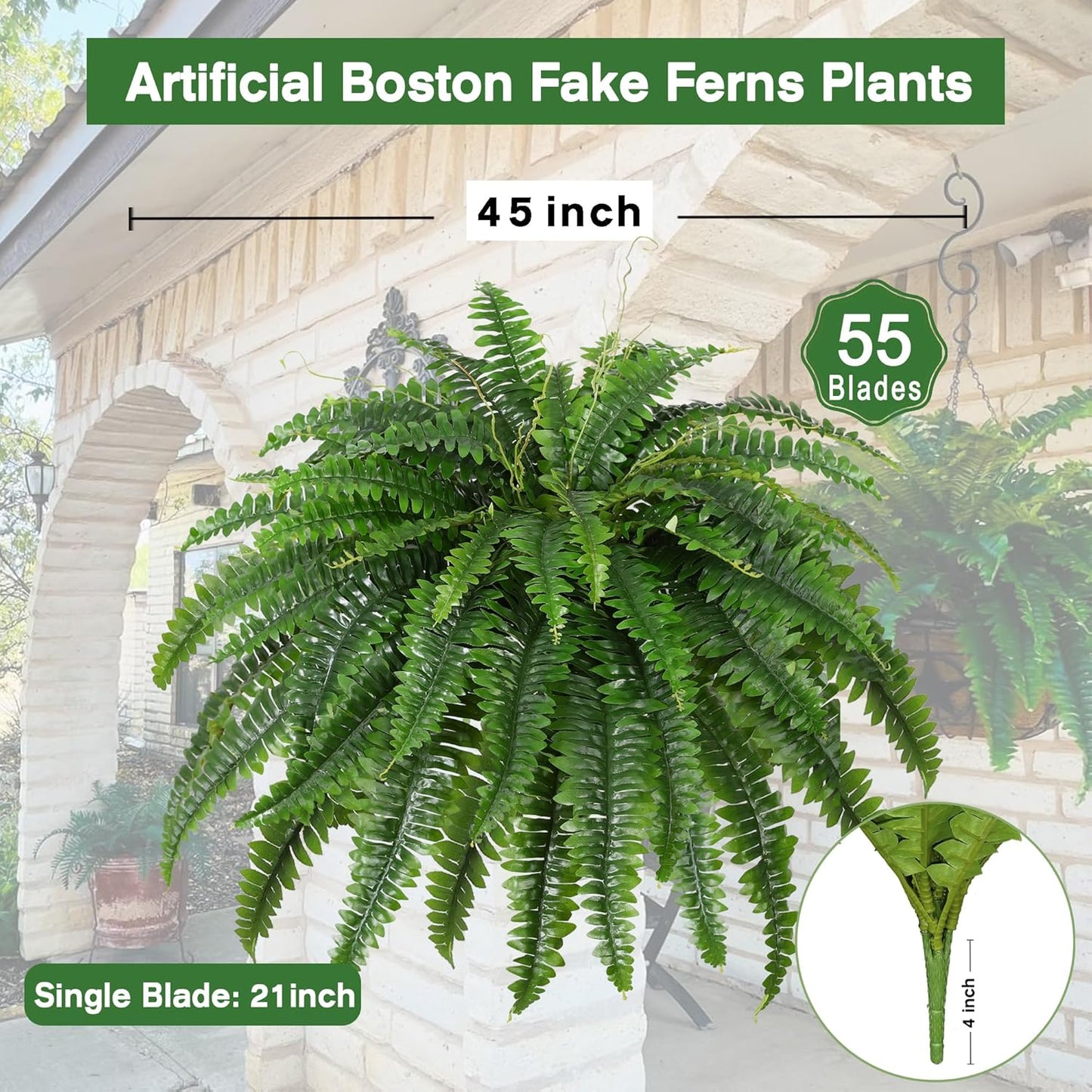 Artificial Boston Fern Bush- Set of 2 Large Artificial Ferns for Outdoors, 45Inch Large Faux Ferns, Suitable for Office & Living Room Decor, 55Branches for Each Bouquet
