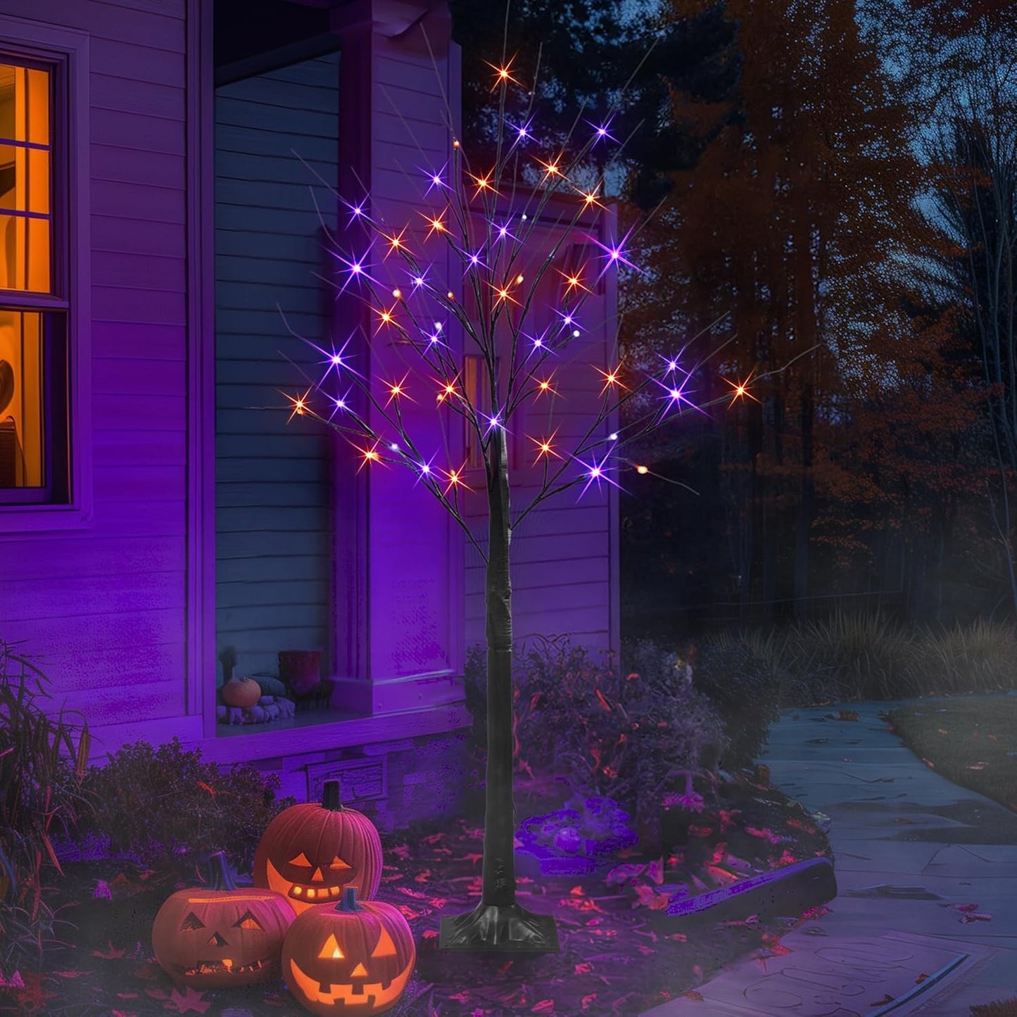 Dazzle Bright 2 Pack 4FT Halloween Lighted Up Birch Tree, Total 96 LED Purple and Orange Fairy Lights with Timer, Waterproof for Indoor Outdoor Home Party Halloween Decoration