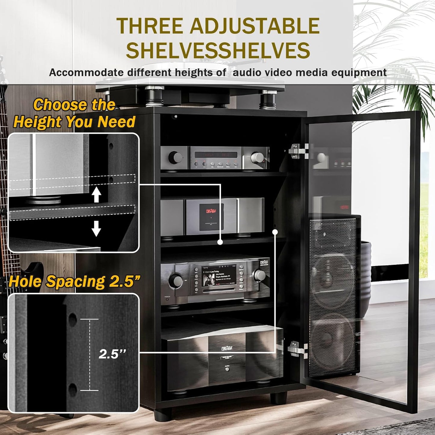 Media Storage Cabinet, Audio Video Media Stand Cabine with 3 Height-Adjustable Shelves, AV Cabinet Audio Rack with Glass Door and Cable Management for Living, Gaming, Recording Room (Black)