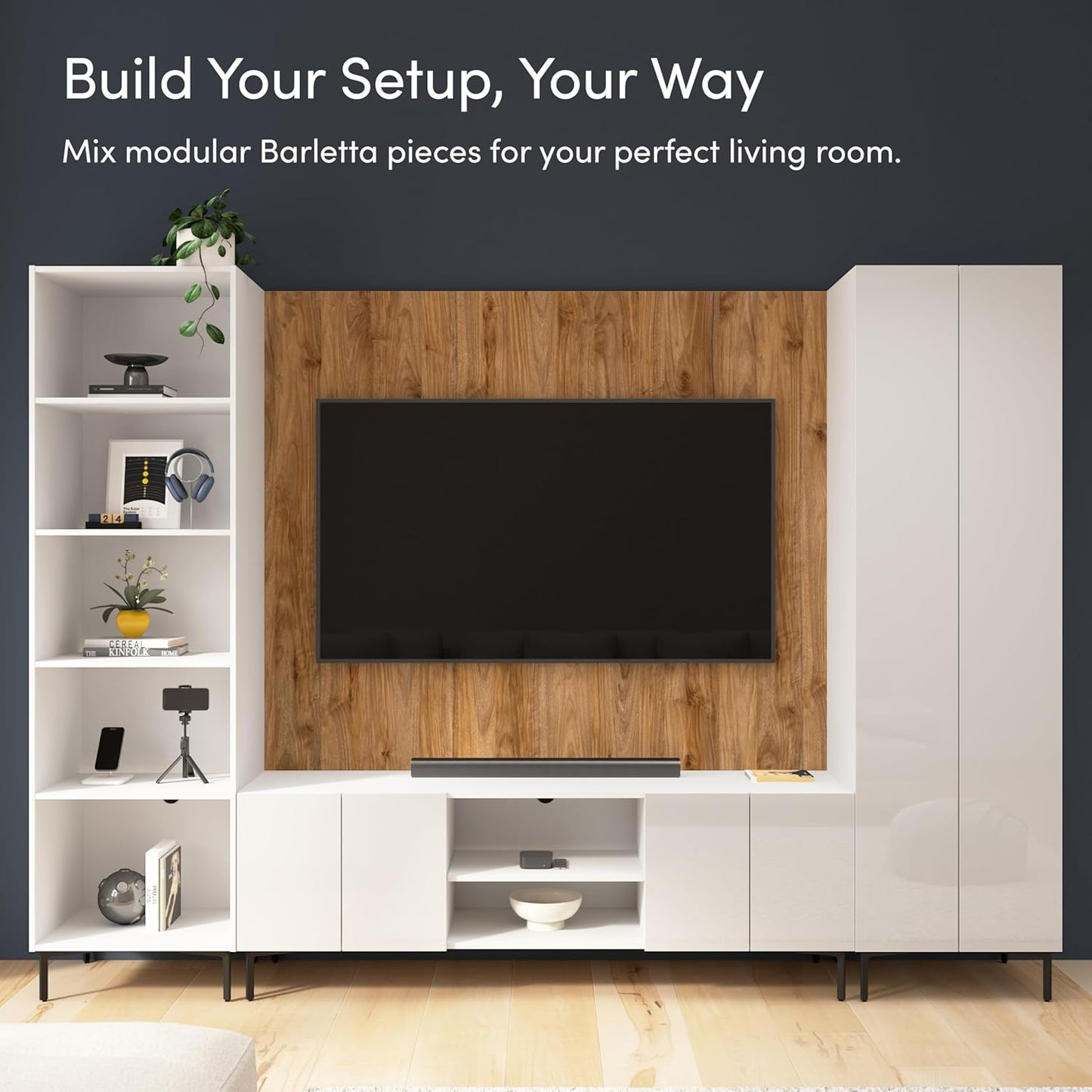 Bestar 118-inch Modular Entertainment Center with TV Stand and Media Storage Towers, Living Room Furniture, Barletta Collection, High Gloss White