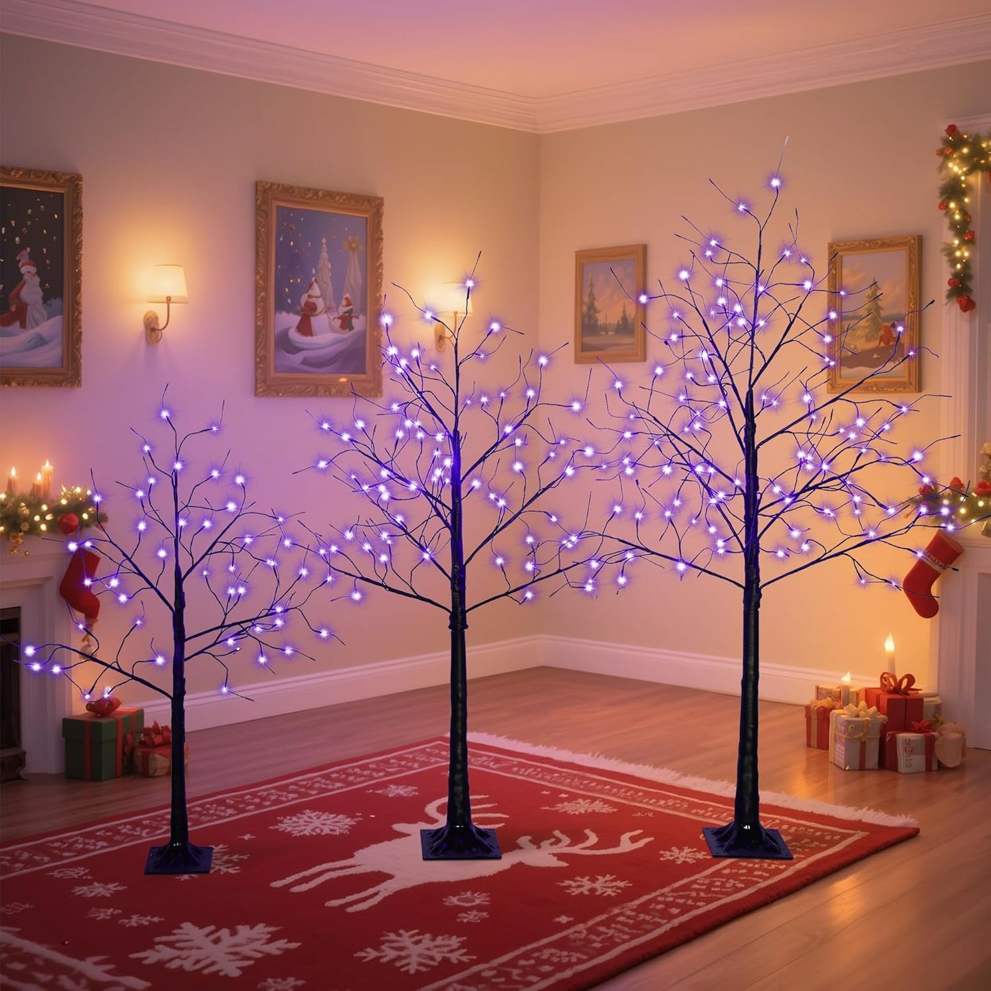 3 Pack Black Halloween Spooky Tree, 4ft 5ft 6ft Artificial Lighted Birch Trees with Purple Lights for Indoor Outdoor Use Holiday Decor Christmas Halloween Wedding Party Home Garden Decoration