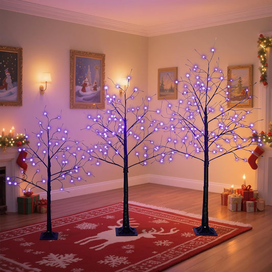 3 Pack Black Halloween Spooky Tree, 4ft 5ft 6ft Artificial Lighted Birch Trees with Purple Lights for Indoor Outdoor Use Holiday Decor Christmas Halloween Wedding Party Home Garden Decoration