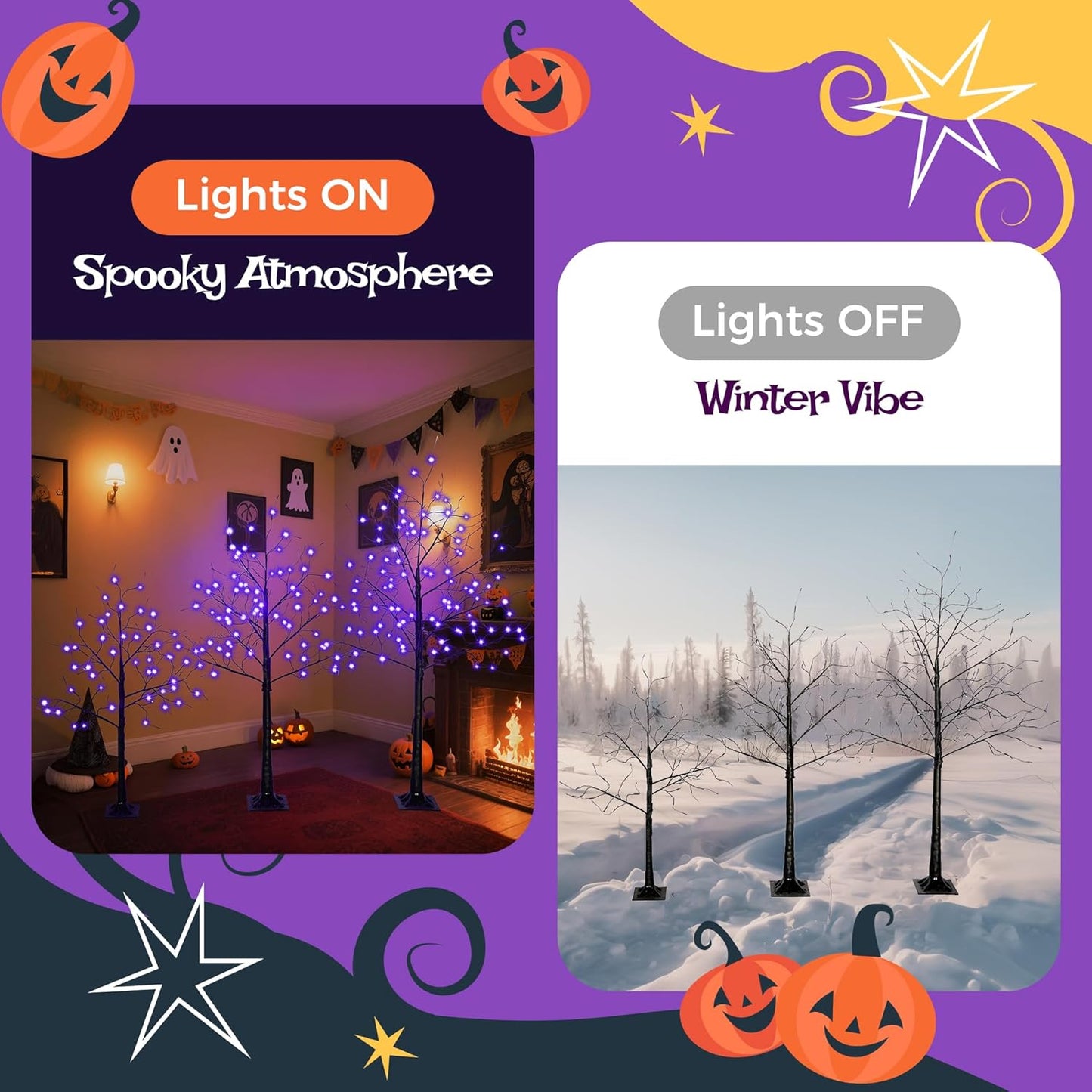 3 Pack Black Halloween Spooky Tree, 4ft 5ft 6ft Artificial Lighted Birch Trees with Purple Lights for Indoor Outdoor Use Holiday Decor Christmas Halloween Wedding Party Home Garden Decoration