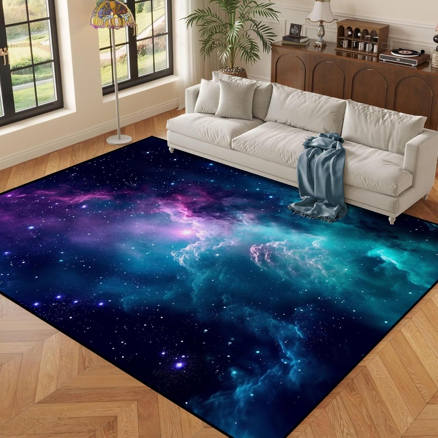 5' X 7' Galaxy Area Rug Dark Blue Starry Sky Carpets for Kids Bedroom Living Room Glitter Outer Space Throw Rugs Floor Mat