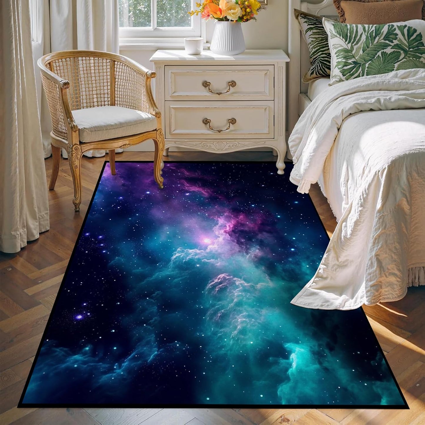 5' X 7' Galaxy Area Rug Dark Blue Starry Sky Carpets for Kids Bedroom Living Room Glitter Outer Space Throw Rugs Floor Mat